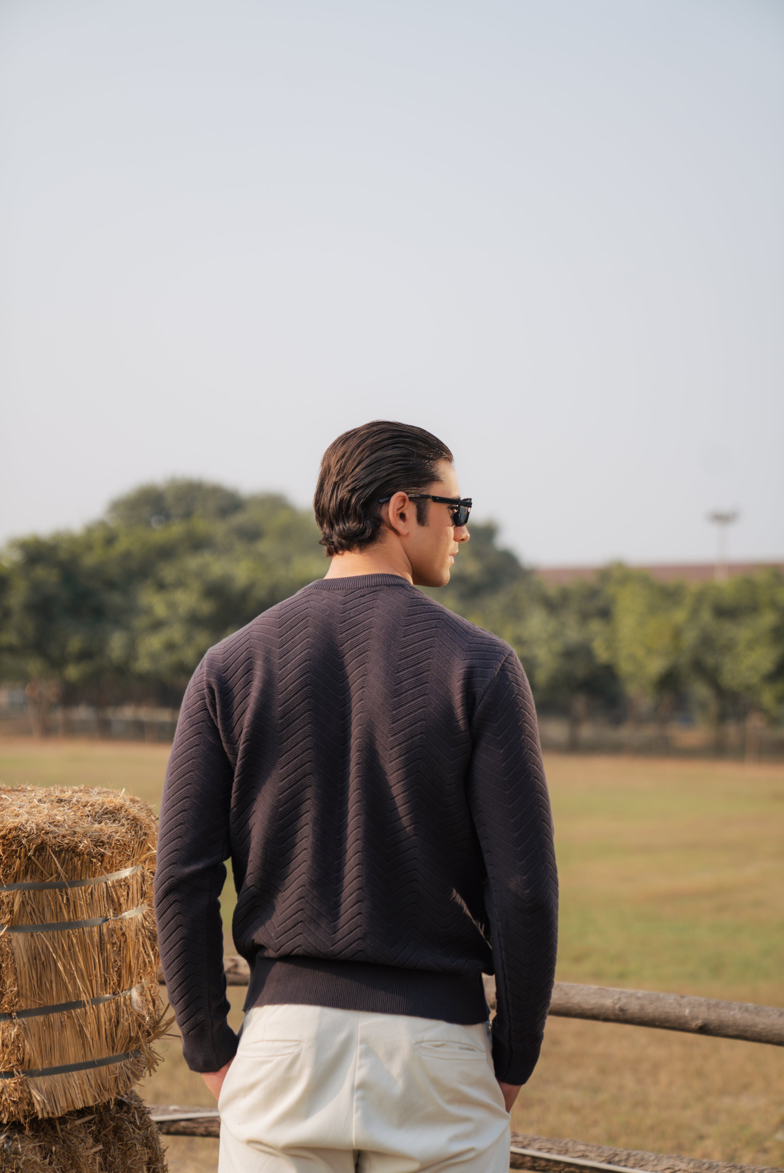 Charcoal Fine Knit Textured Crew Neck