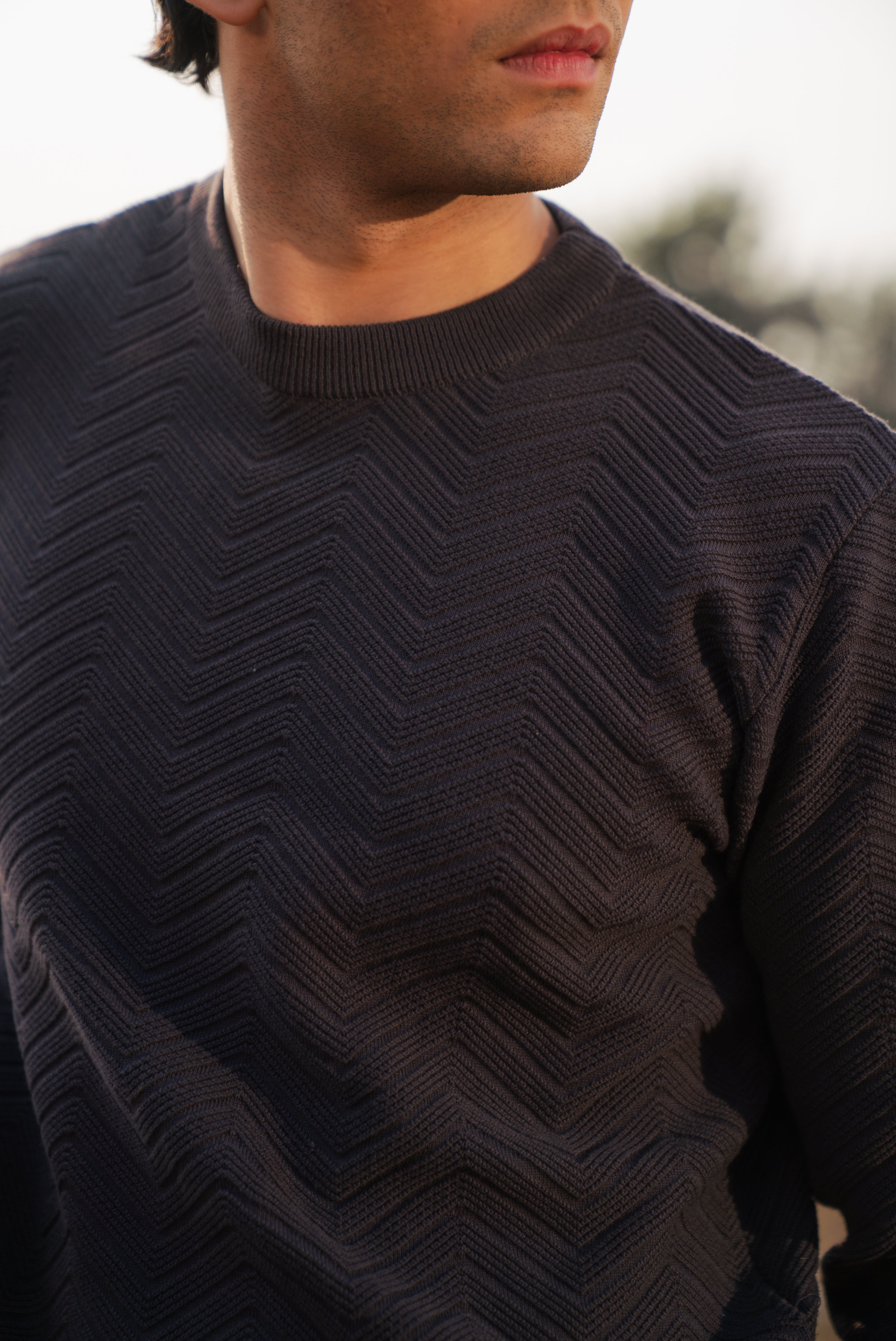Charcoal Fine Knit Textured Crew Neck