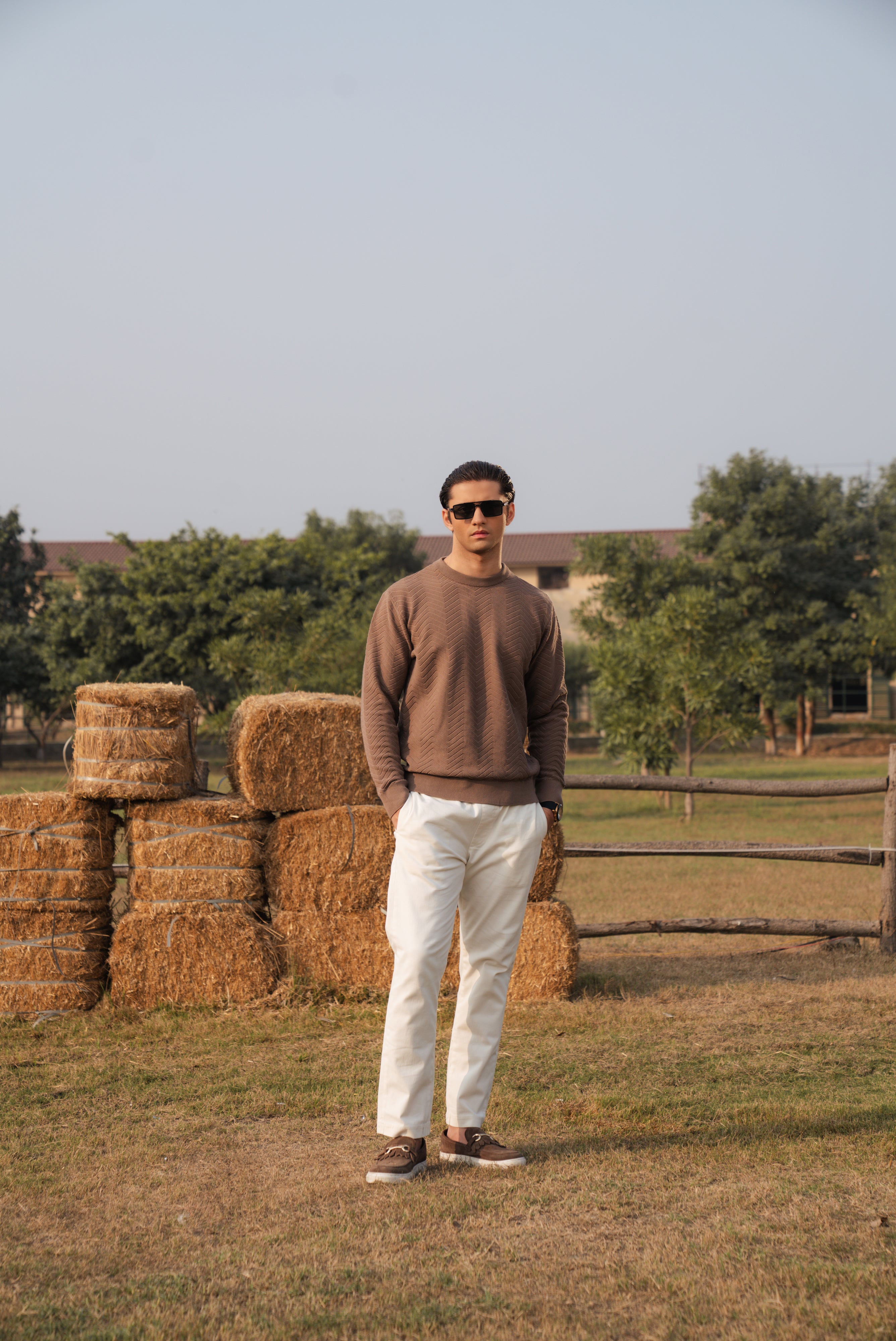 Mocha Brown Fine Knit Textured Crew Neck