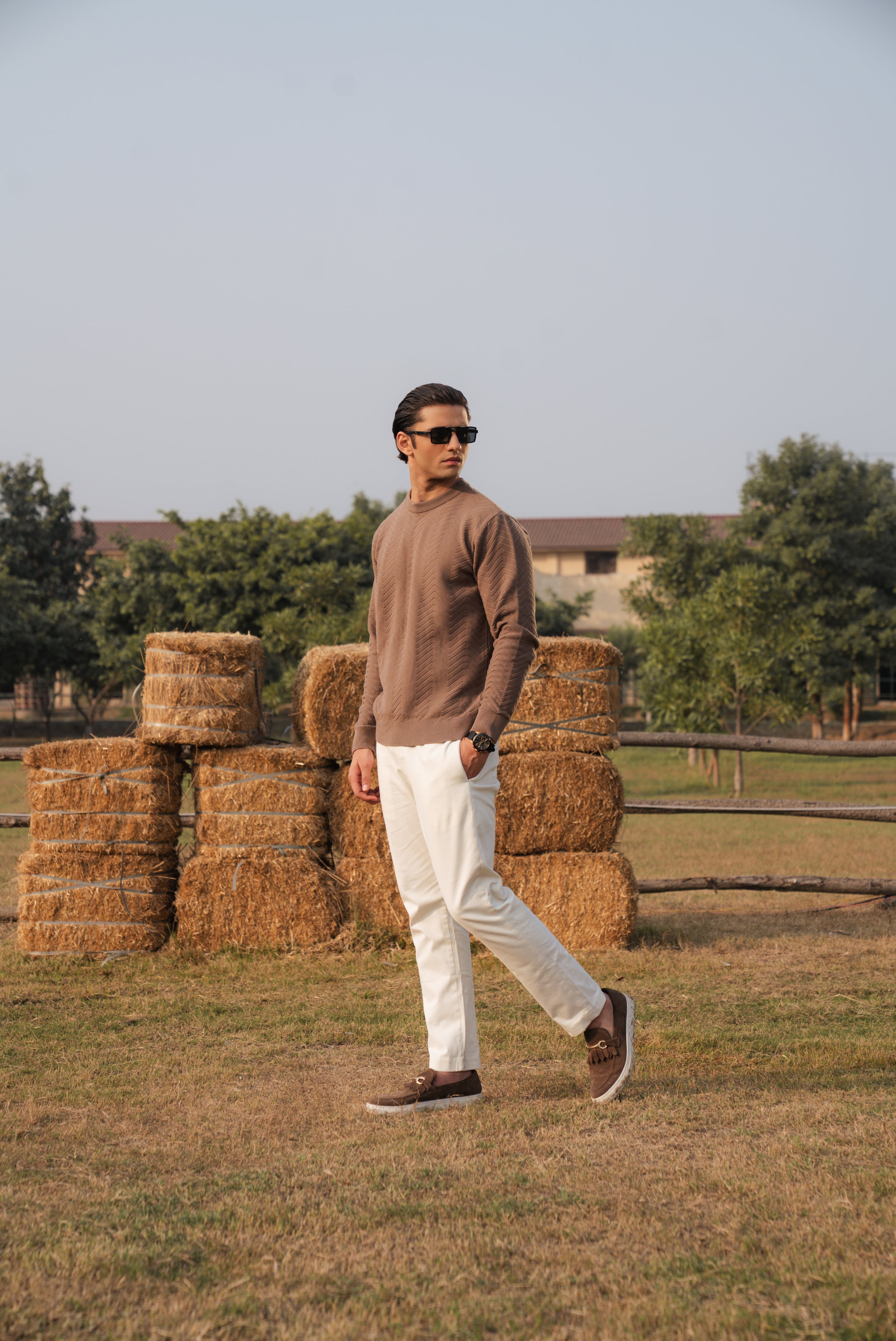 Mocha Brown Fine Knit Textured Crew Neck