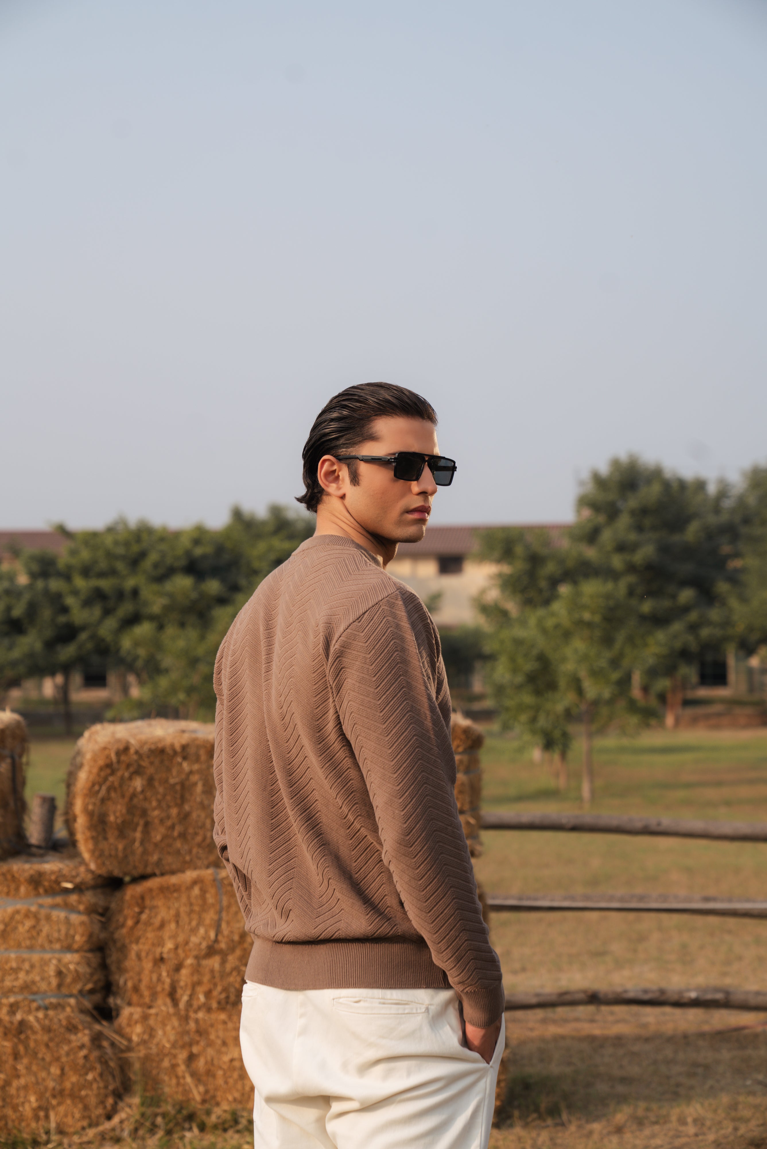 Mocha Brown Fine Knit Textured Crew Neck