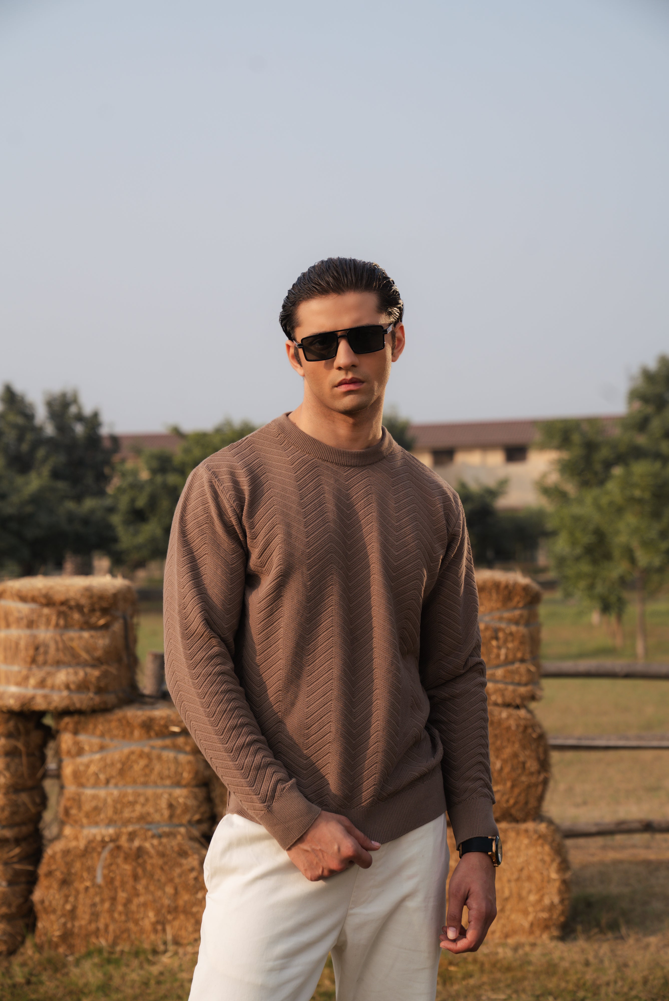 Mocha Brown Fine Knit Textured Crew Neck