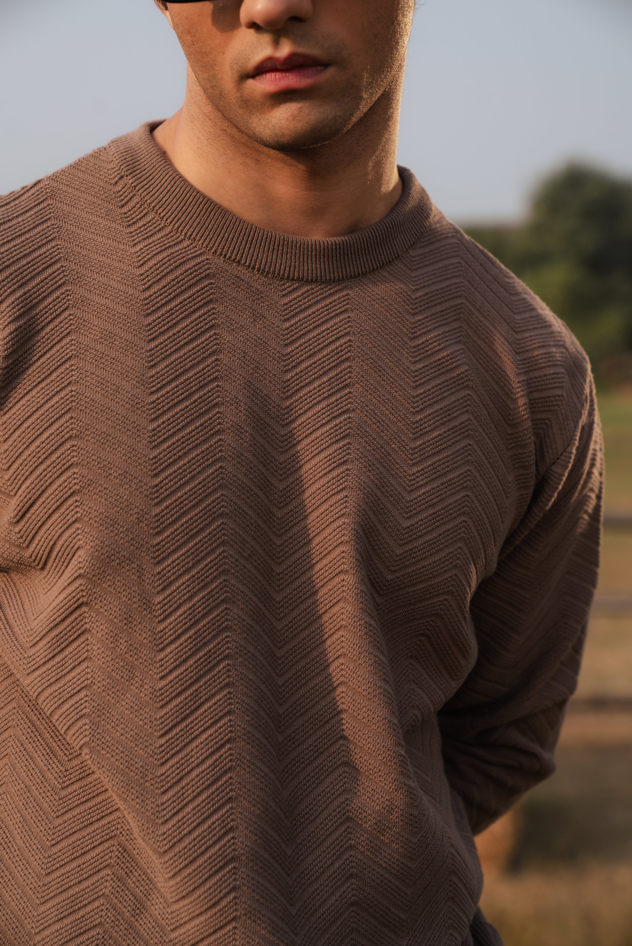 Mocha Brown Fine Knit Textured Crew Neck