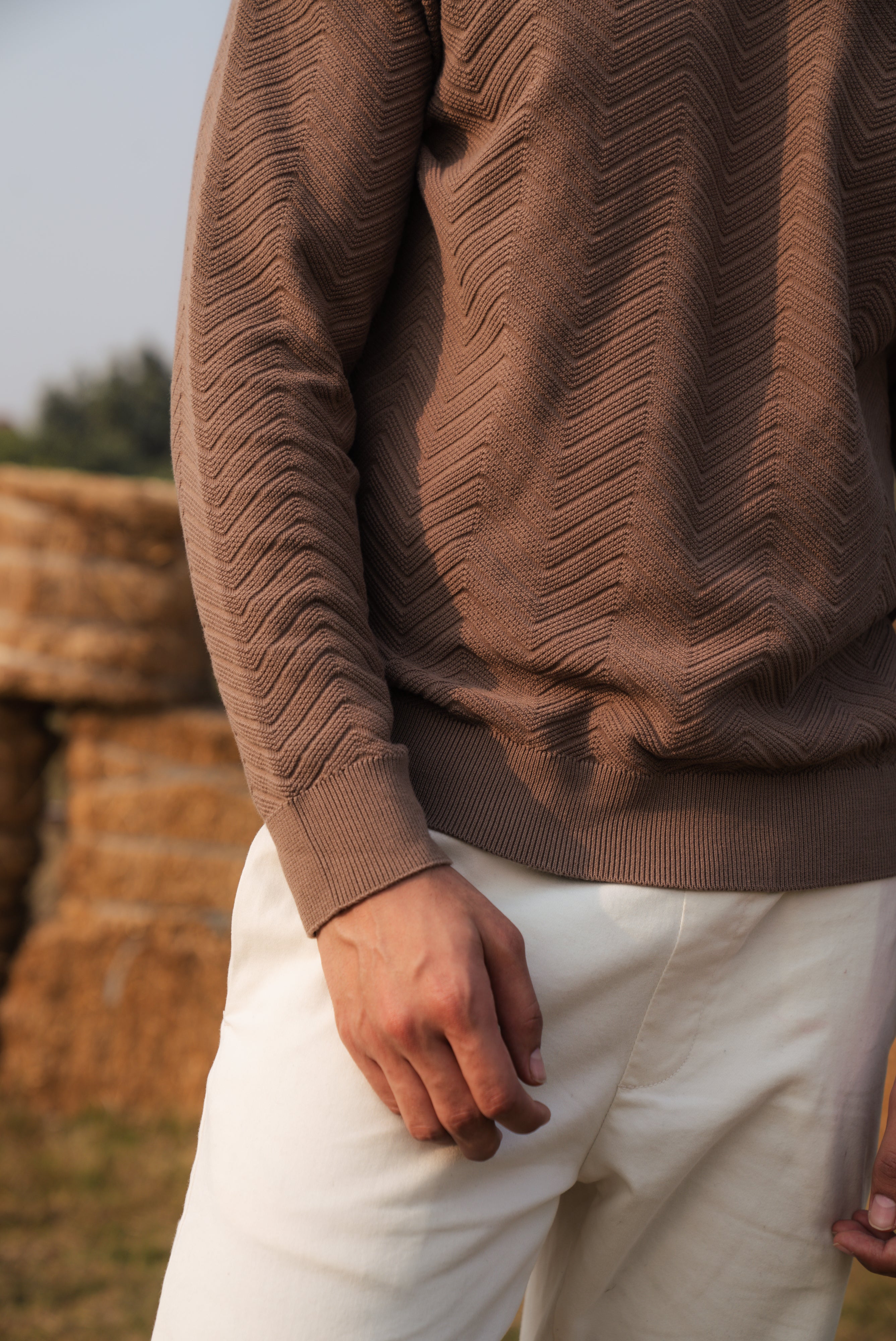 Mocha Brown Fine Knit Textured Crew Neck