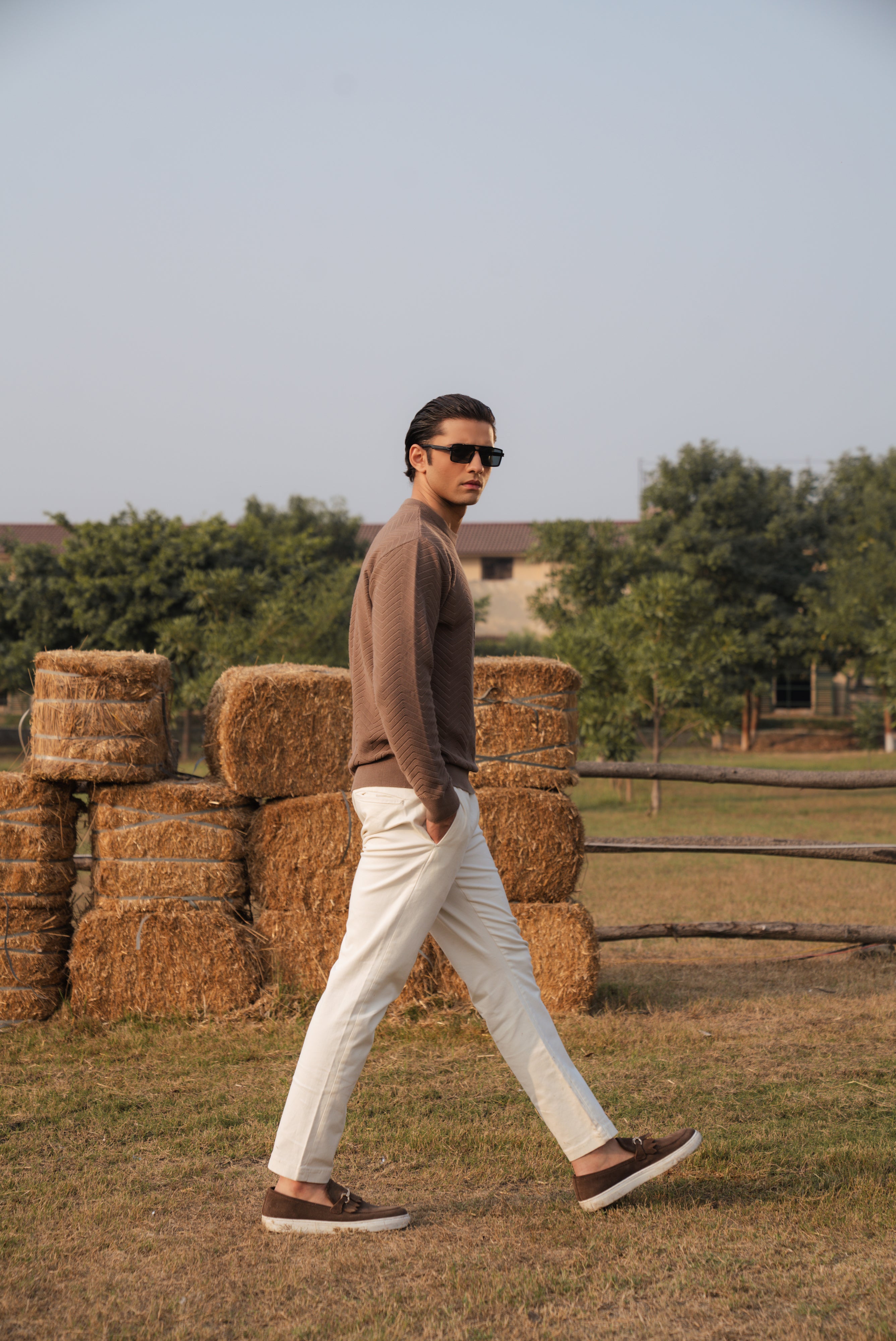 Mocha Brown Fine Knit Textured Crew Neck