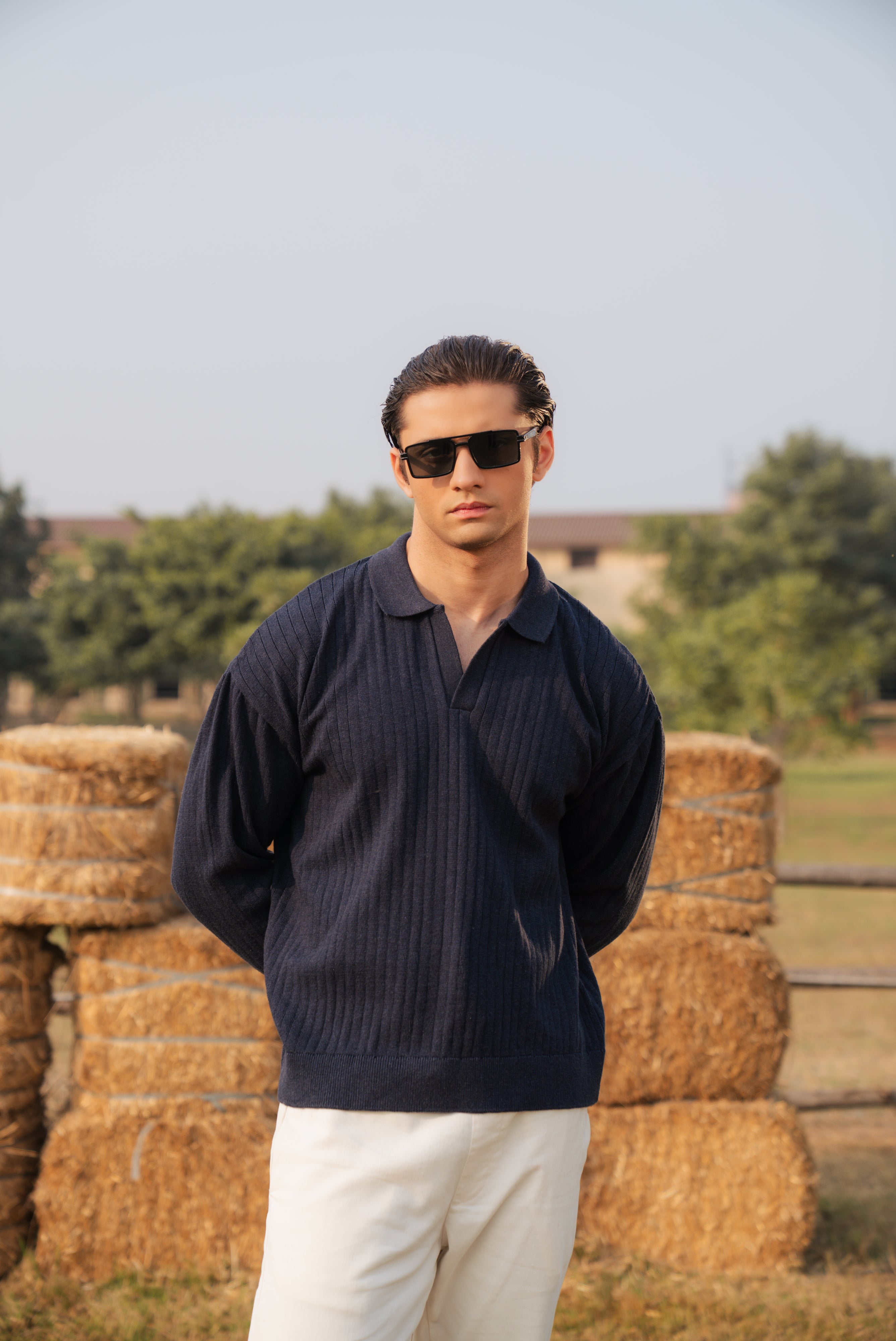 Navy Blue Boxy Fit Sweater Polo