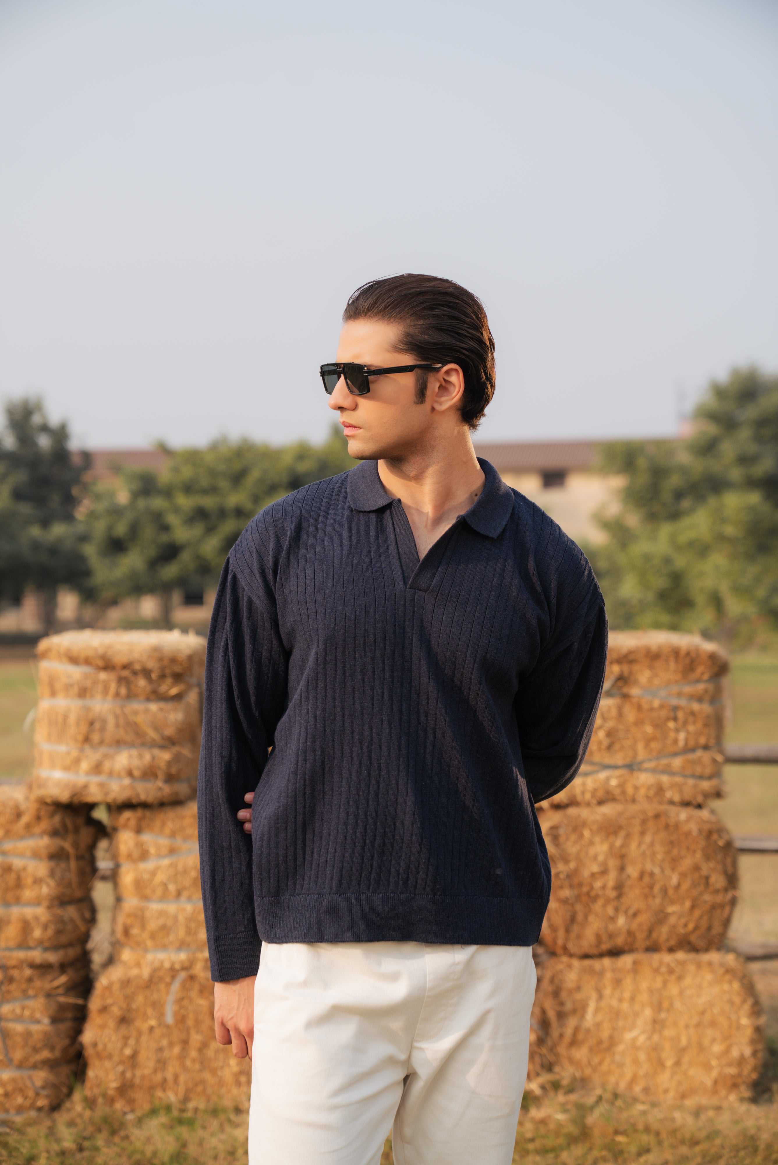 Navy Blue Boxy Fit Sweater Polo
