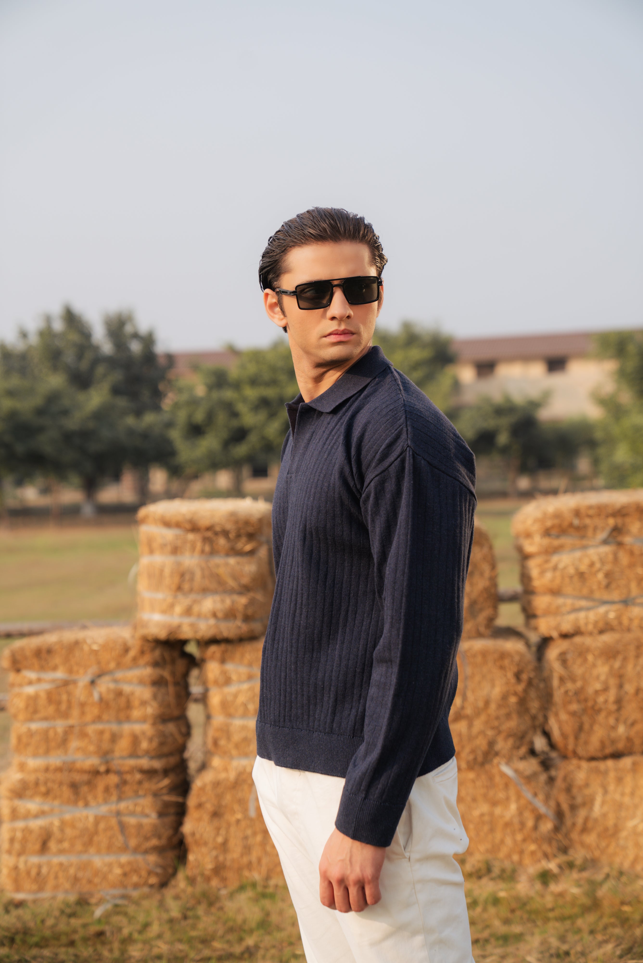 Navy Blue Boxy Fit Sweater Polo
