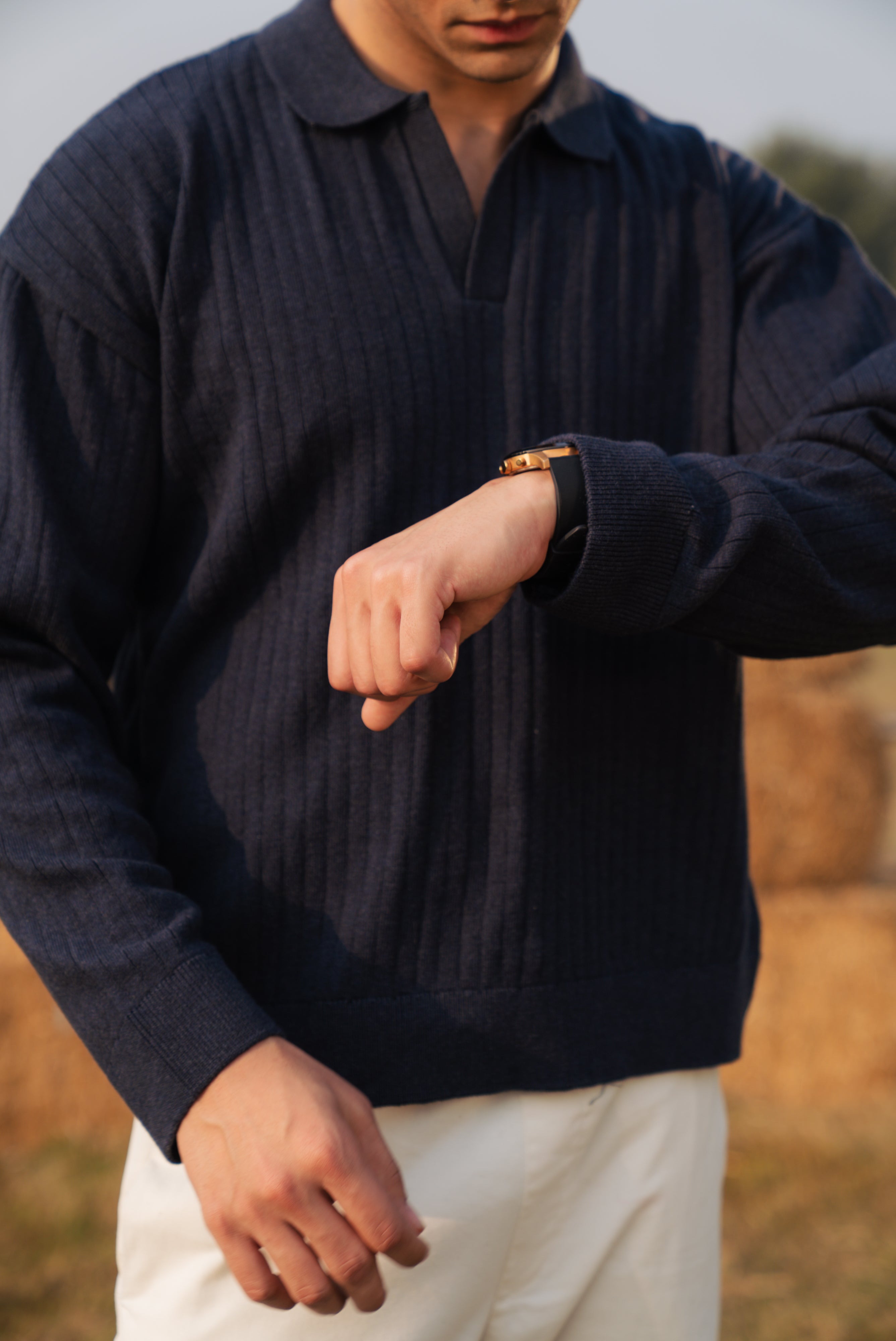 Navy Blue Boxy Fit Sweater Polo