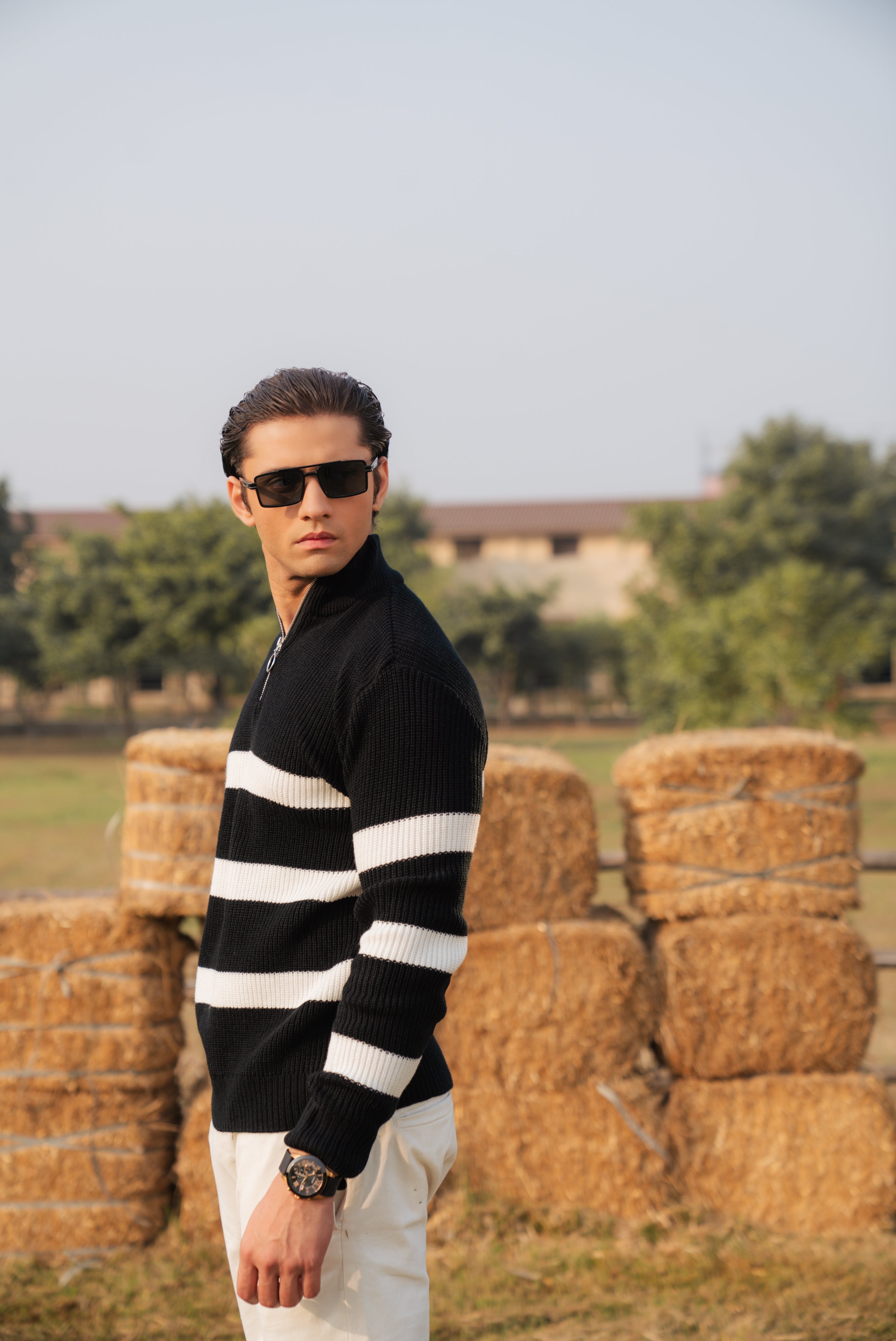 Black Stripe Textured Knit Zipper