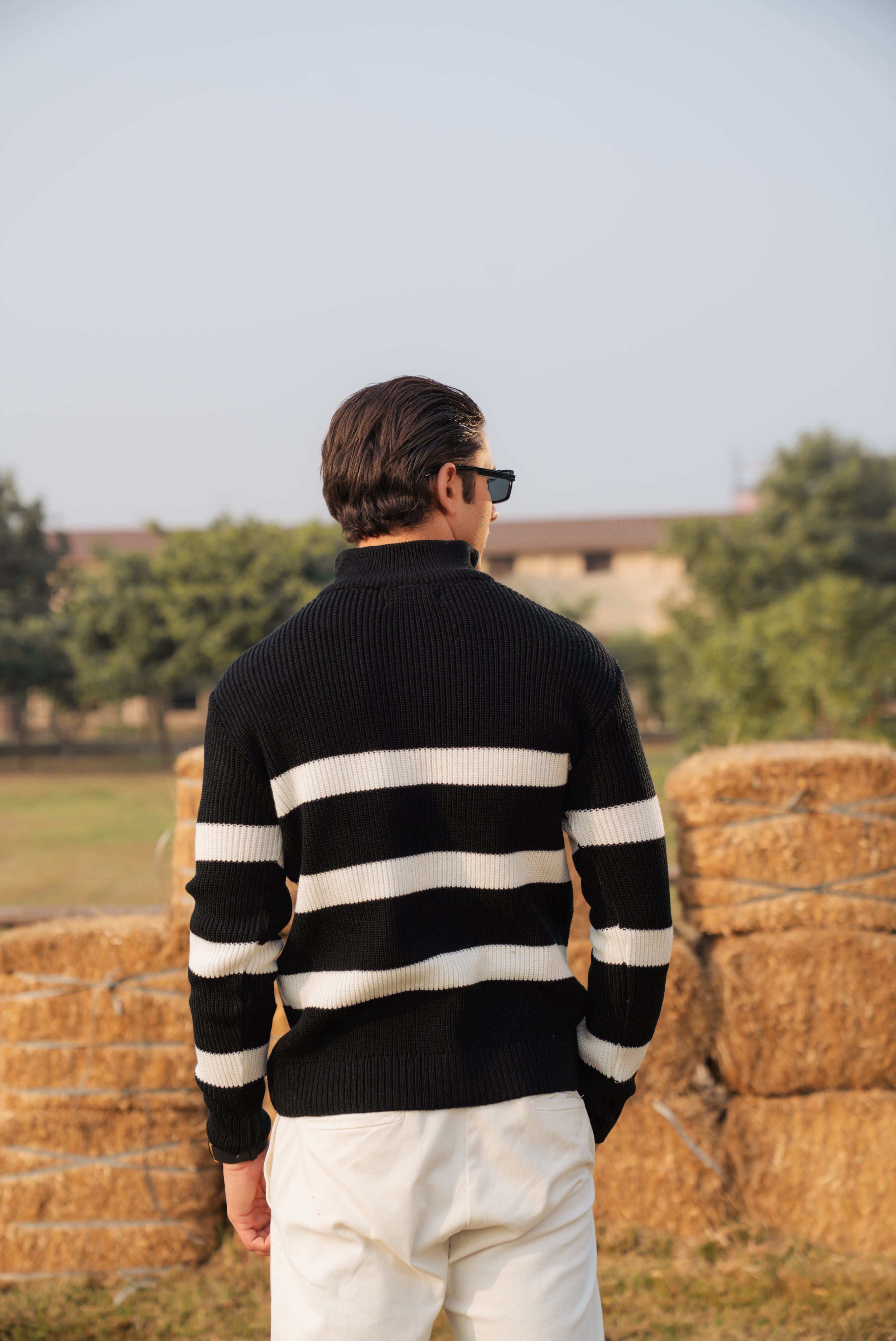 Black Stripe Textured Knit Zipper