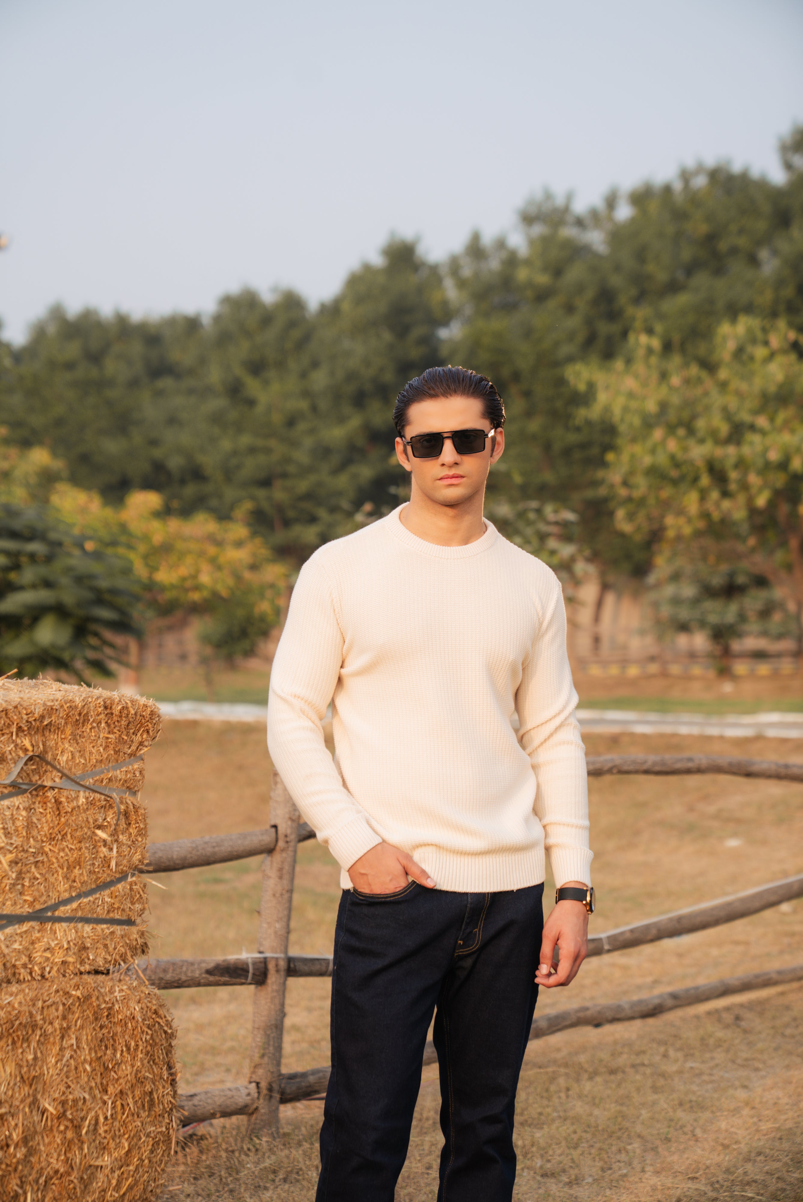 Cream Texture Knit Crew Neck