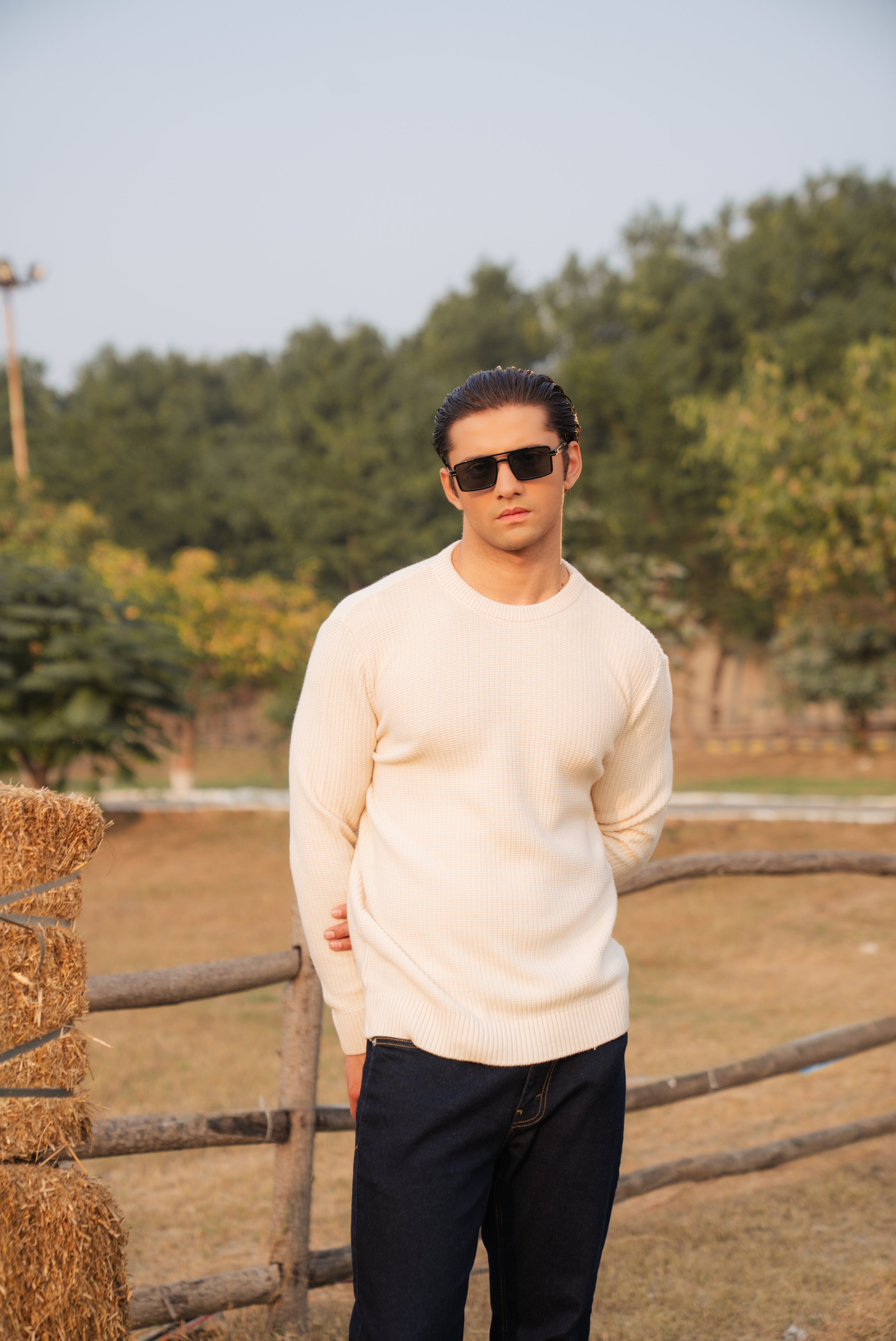 Cream Texture Knit Crew Neck