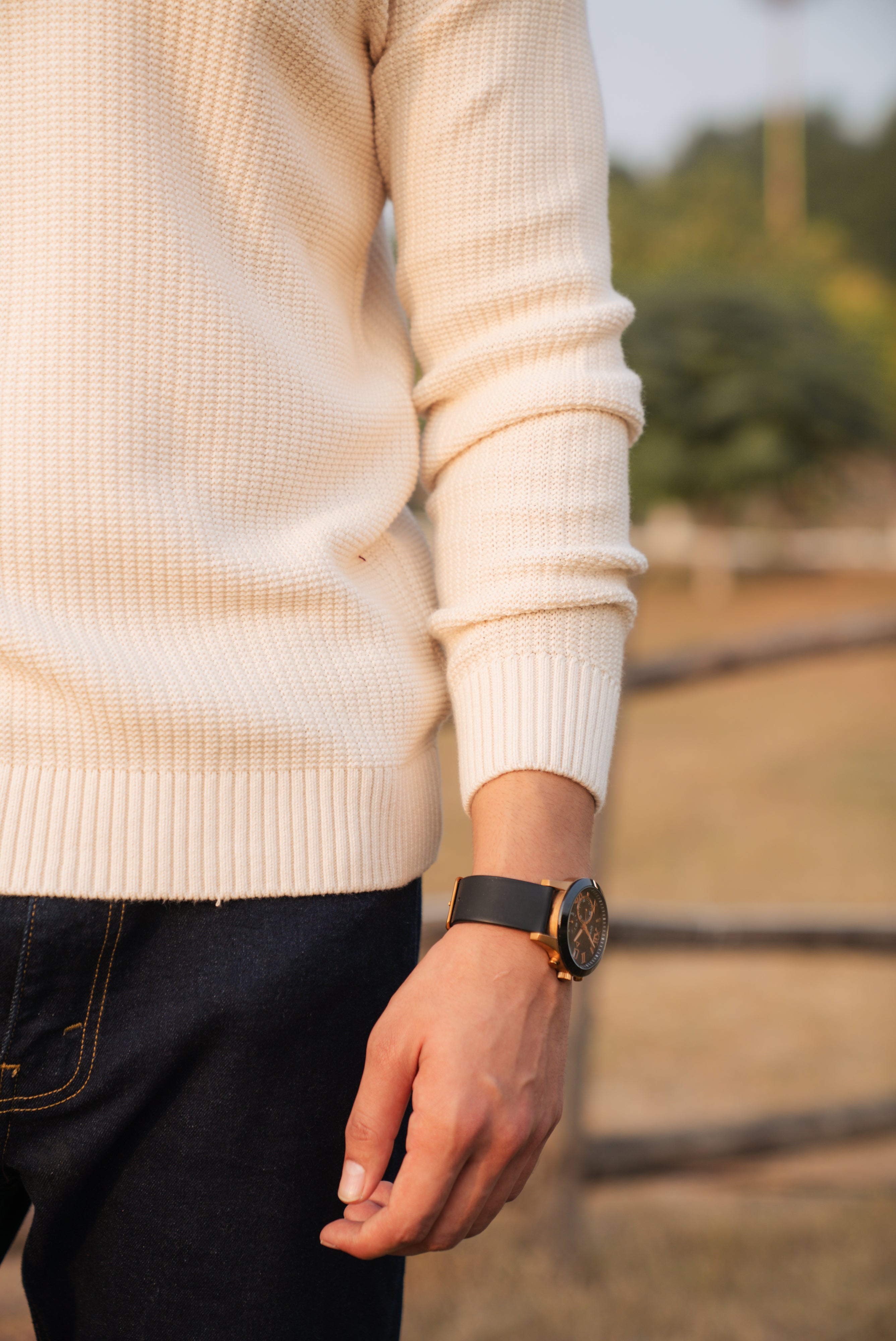 Cream Texture Knit Crew Neck