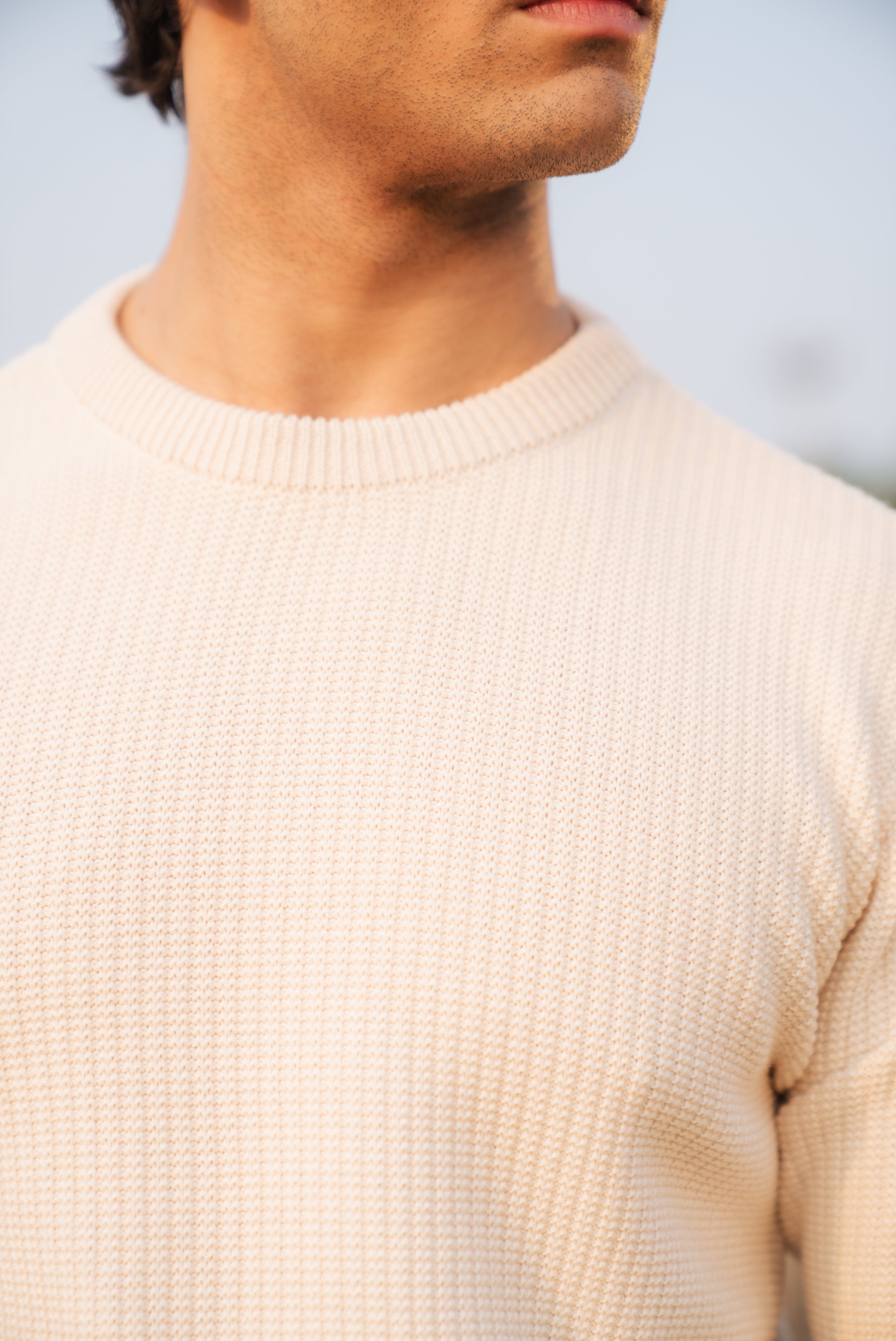 Cream Texture Knit Crew Neck