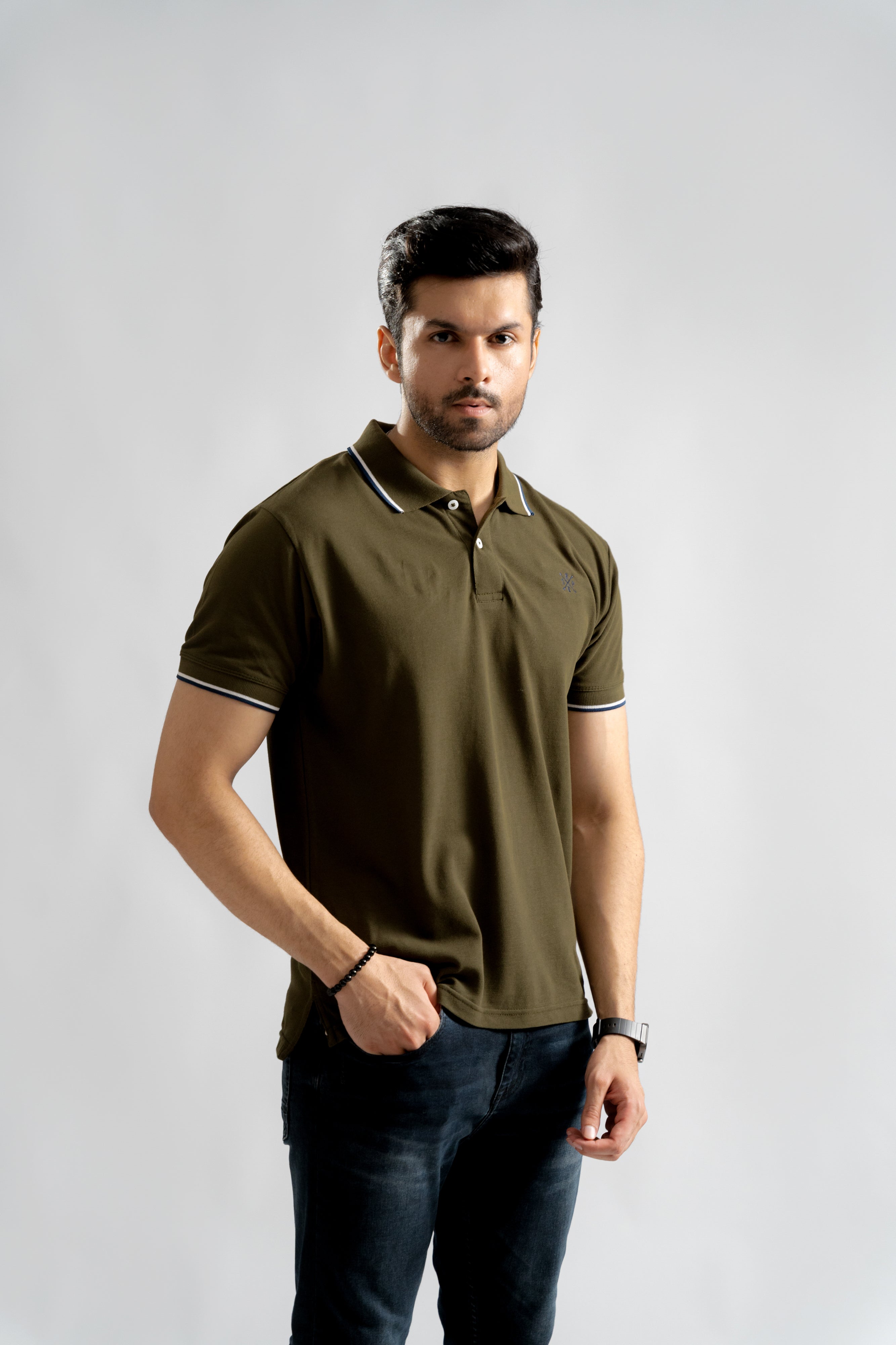 Olive Green Contrast Collar Tipping Polo