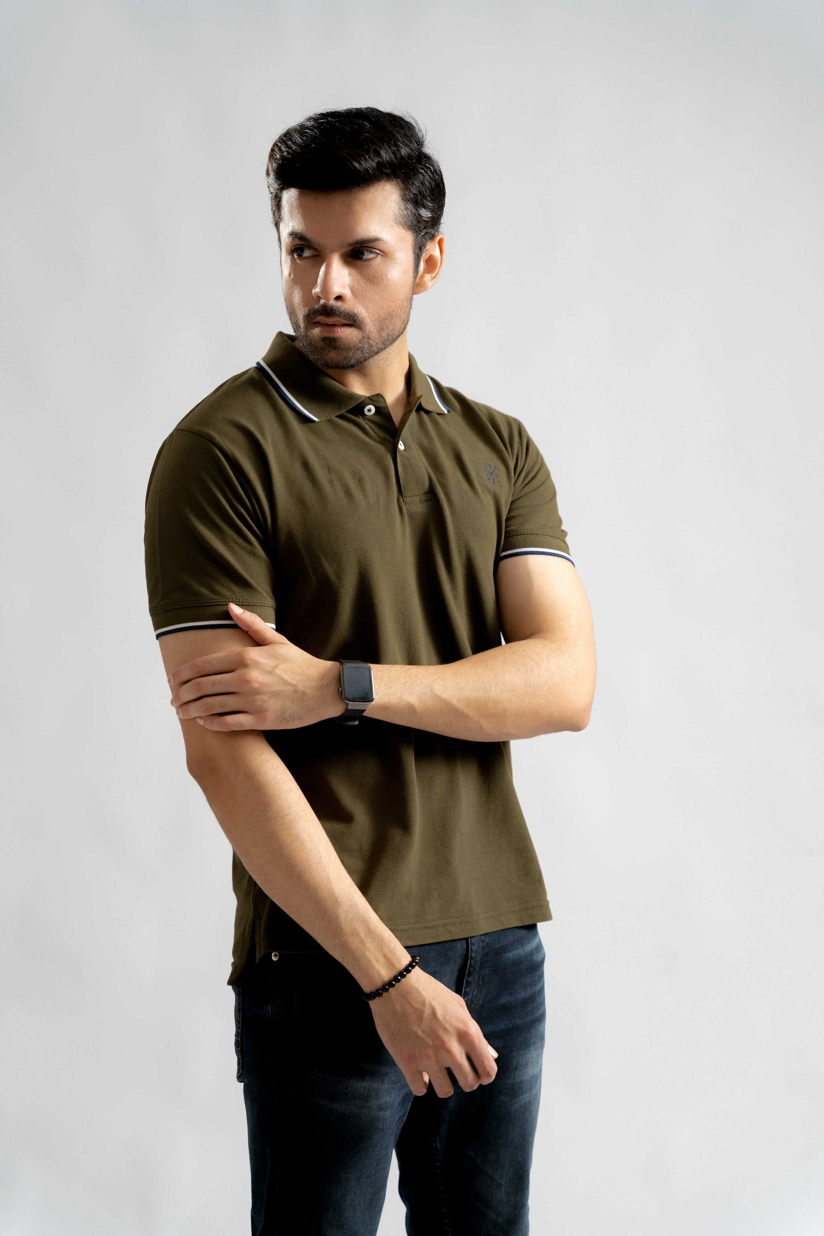 Olive Green Contrast Collar Tipping Polo