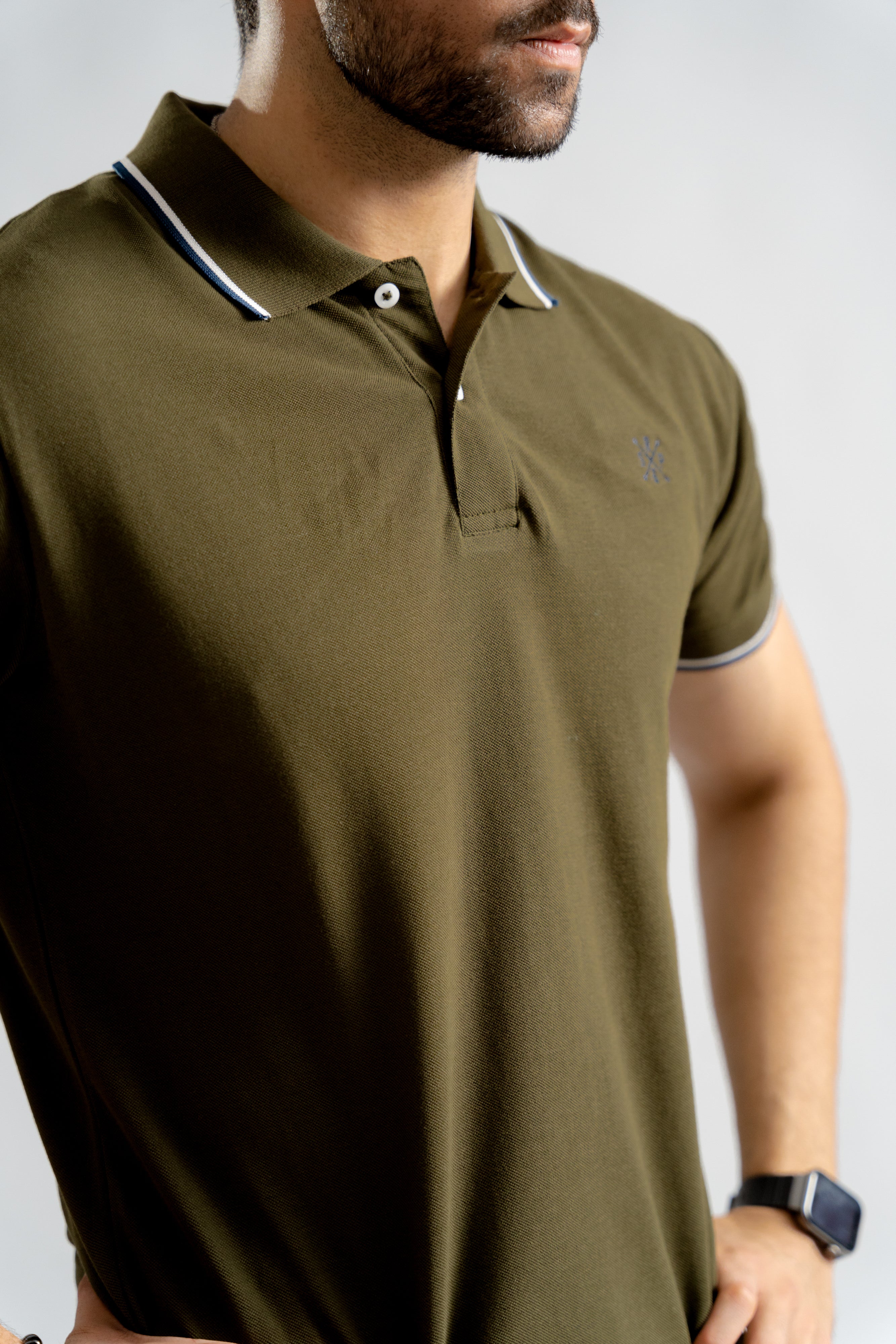 Olive Green Contrast Collar Tipping Polo