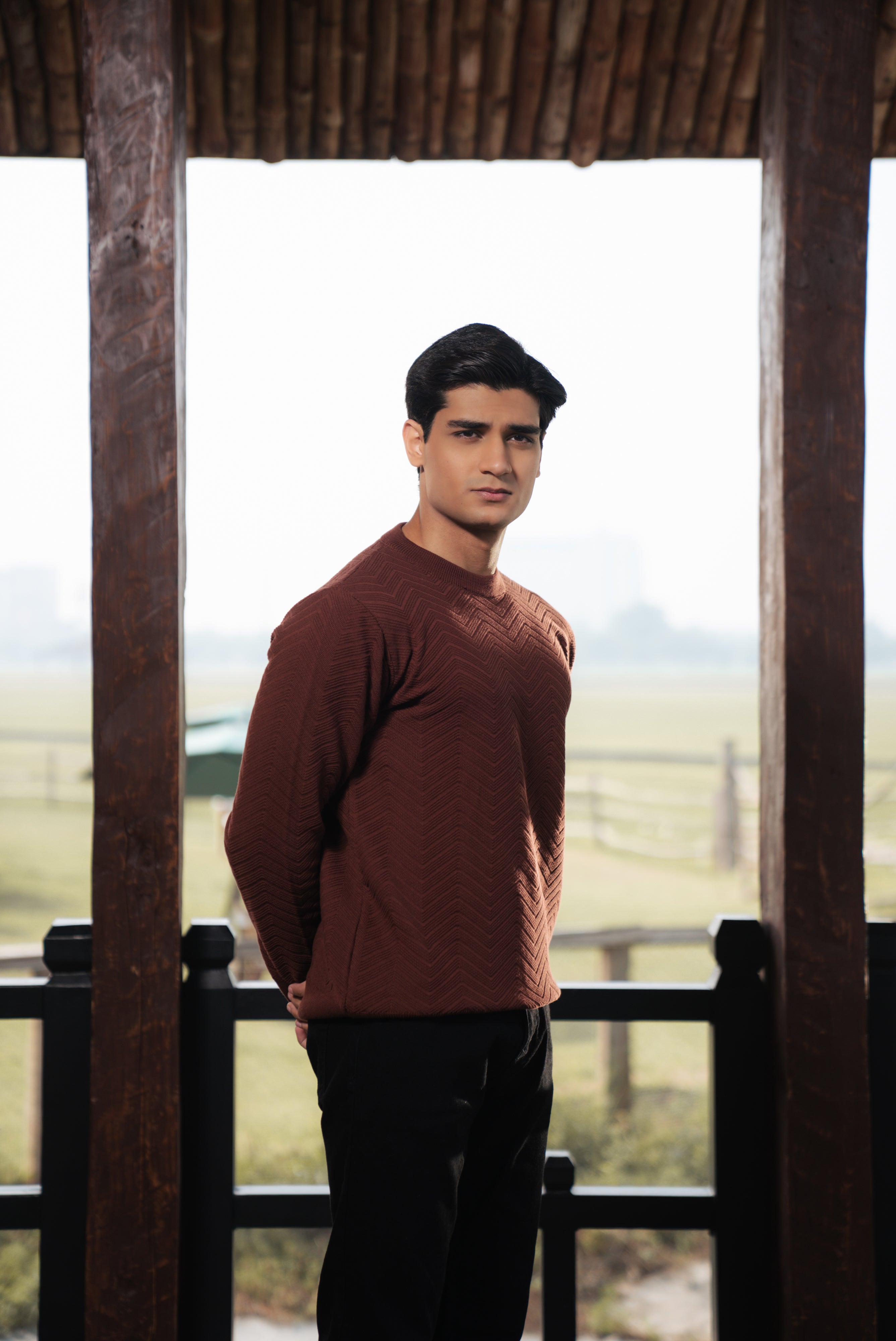 Rust Fine Knit Textured Crew Neck