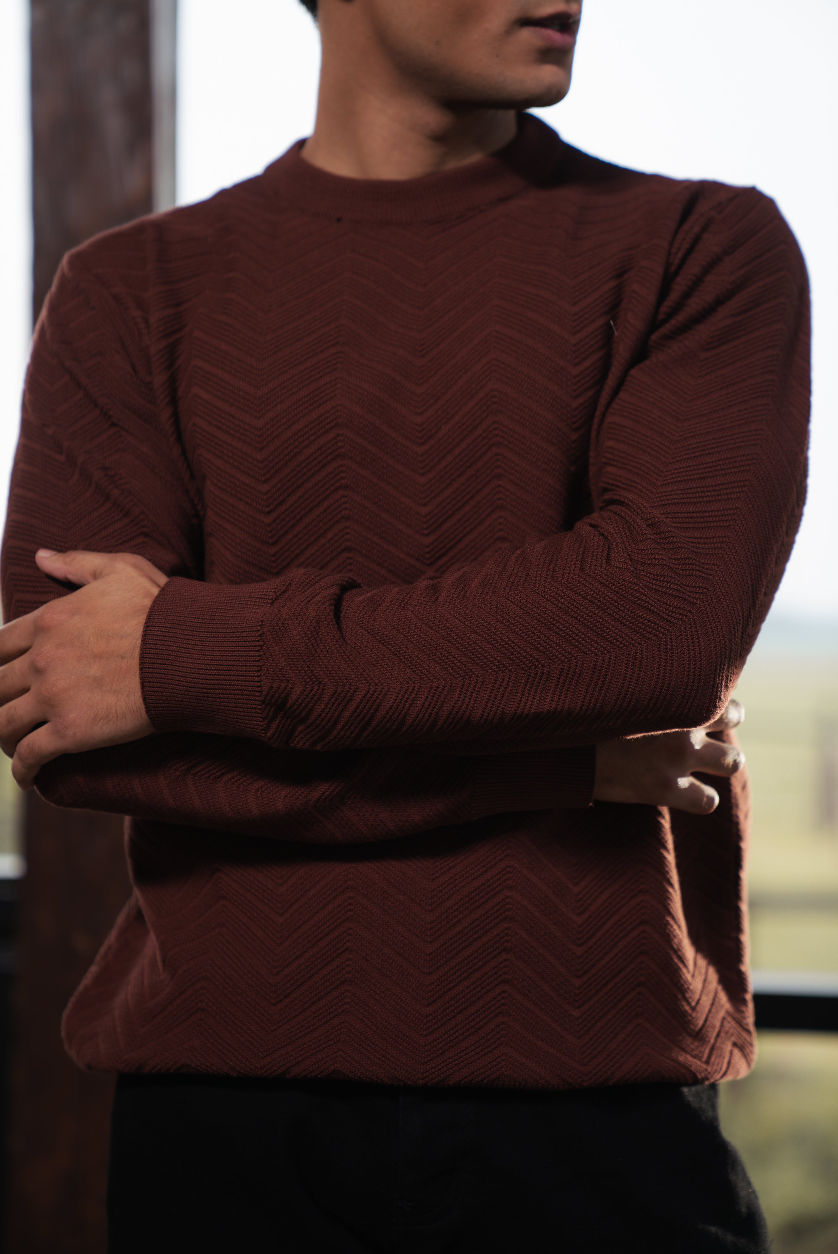 Rust Fine Knit Textured Crew Neck