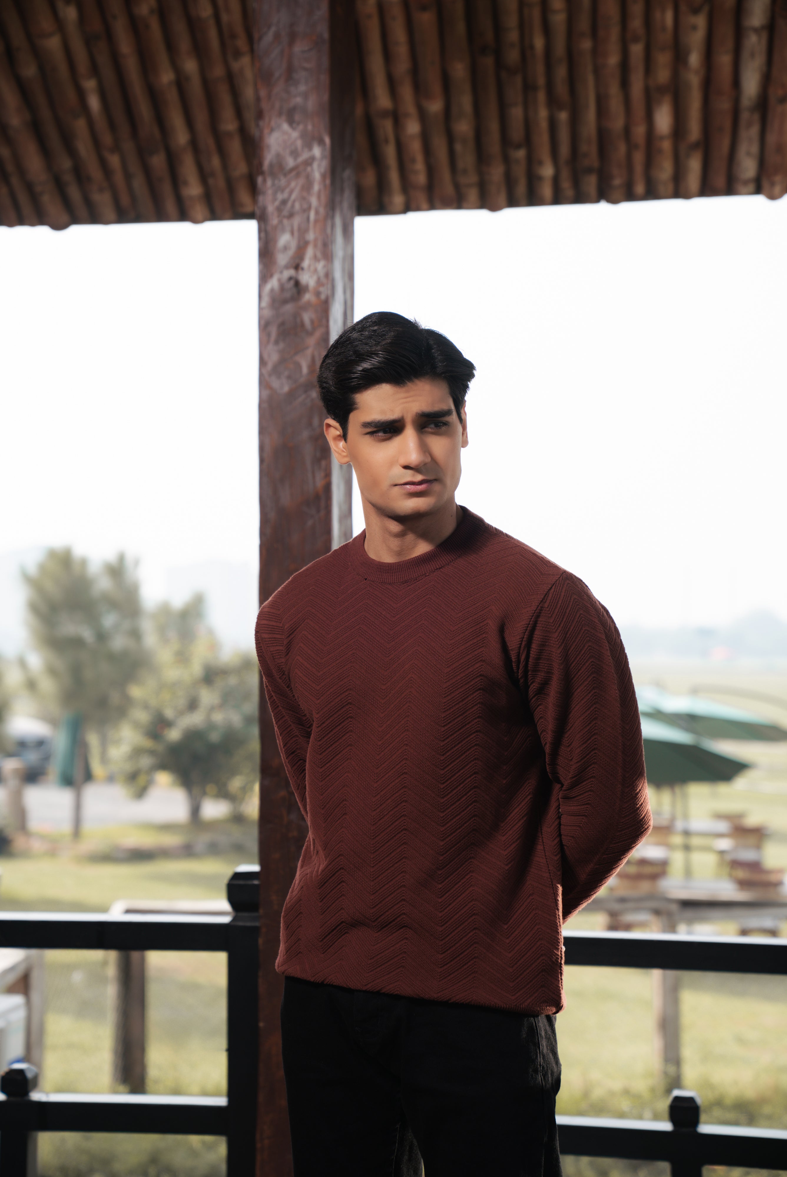 Rust Fine Knit Textured Crew Neck