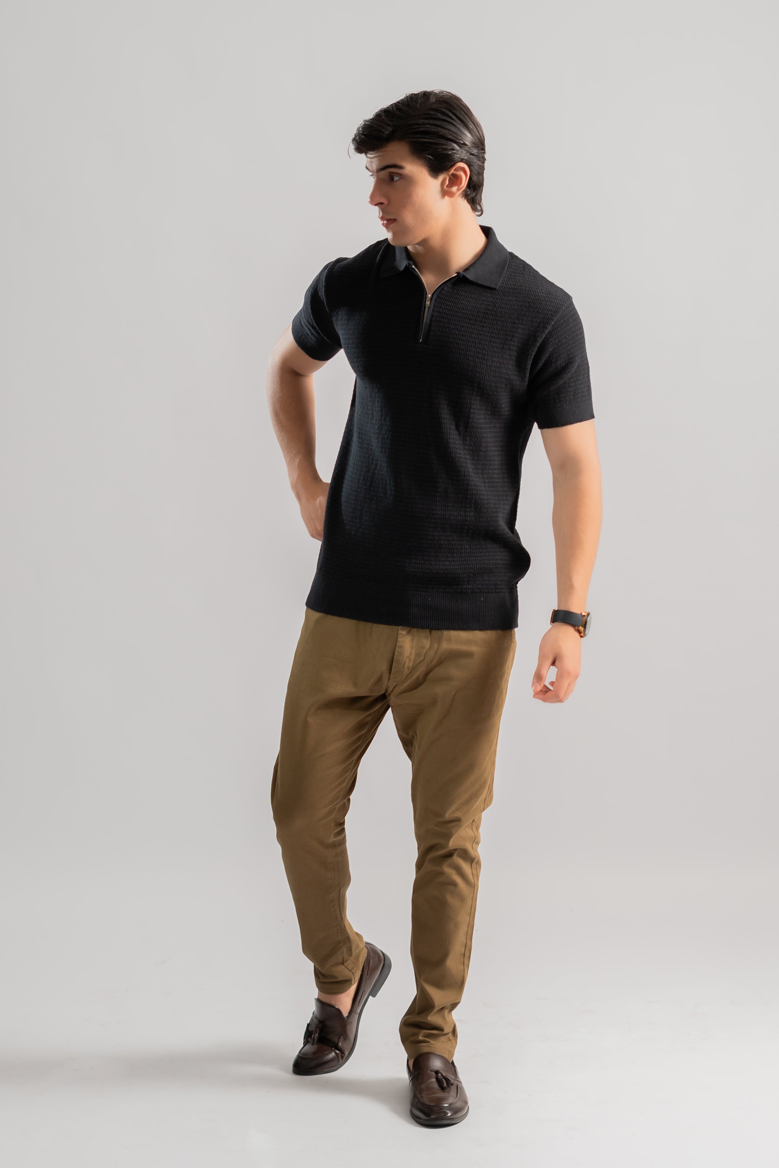 Black textured knit polo