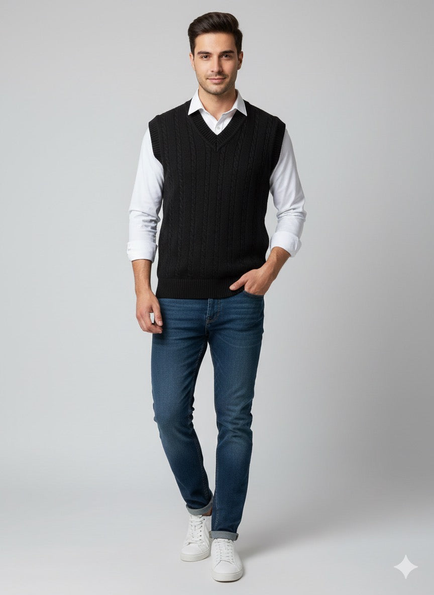 Black Cable Knit Sleeveless Sweater