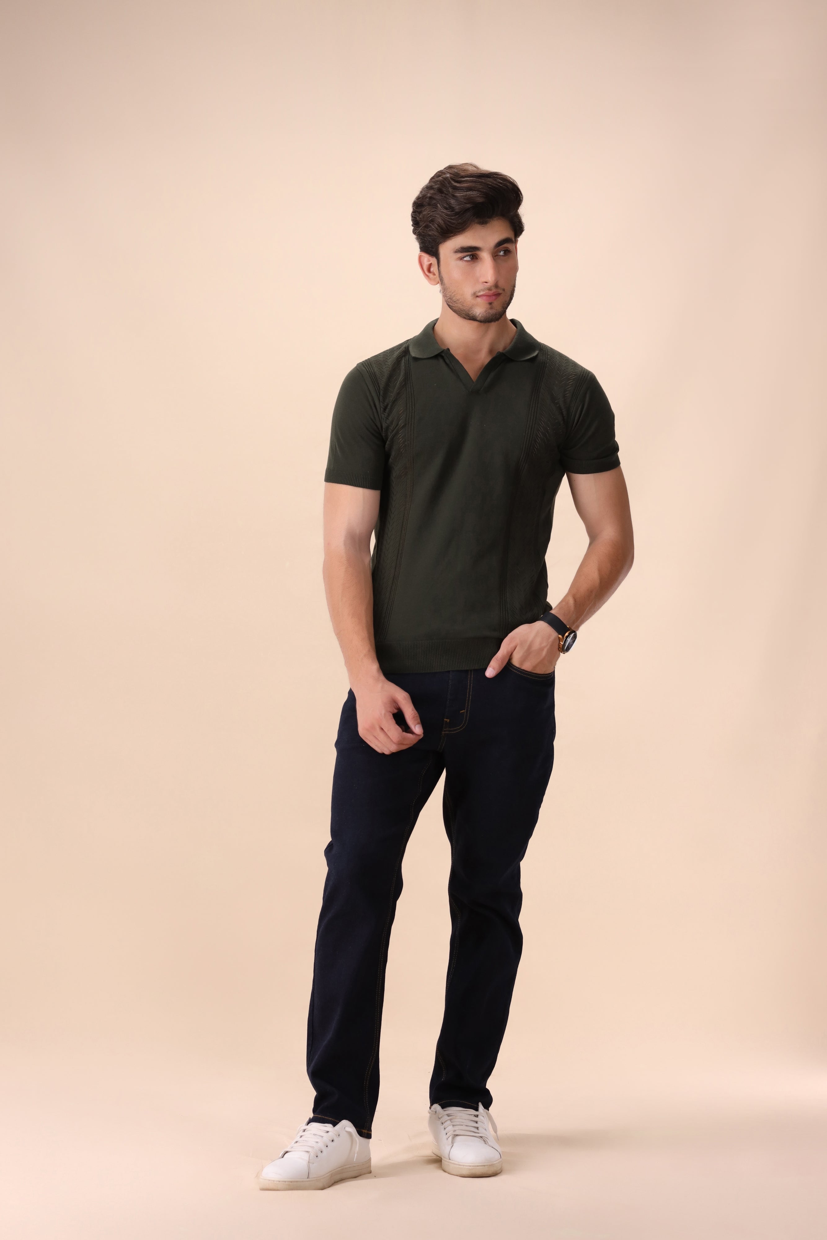 Olive Green Crochet Knit Polo