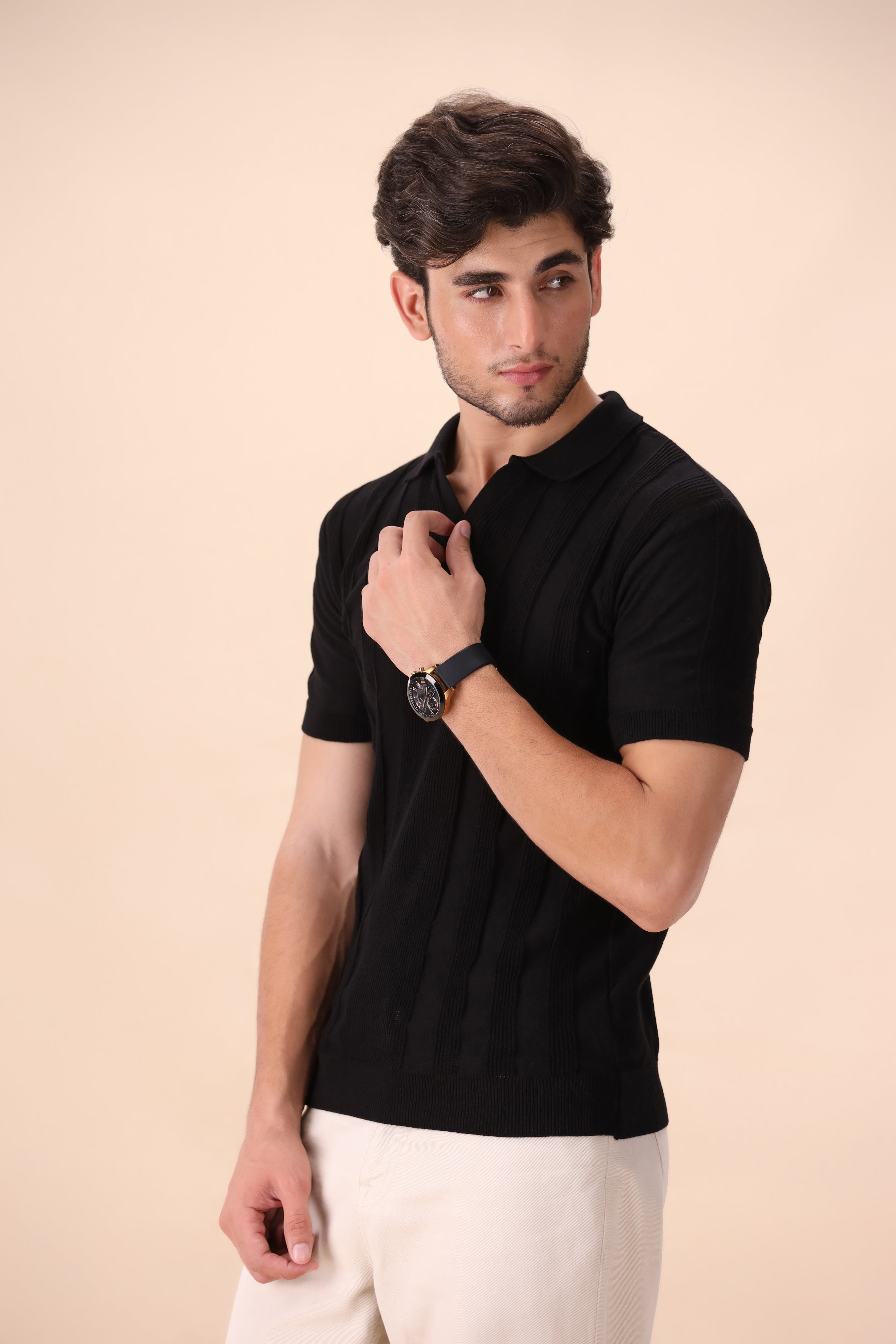 Black Structured Knit Polo