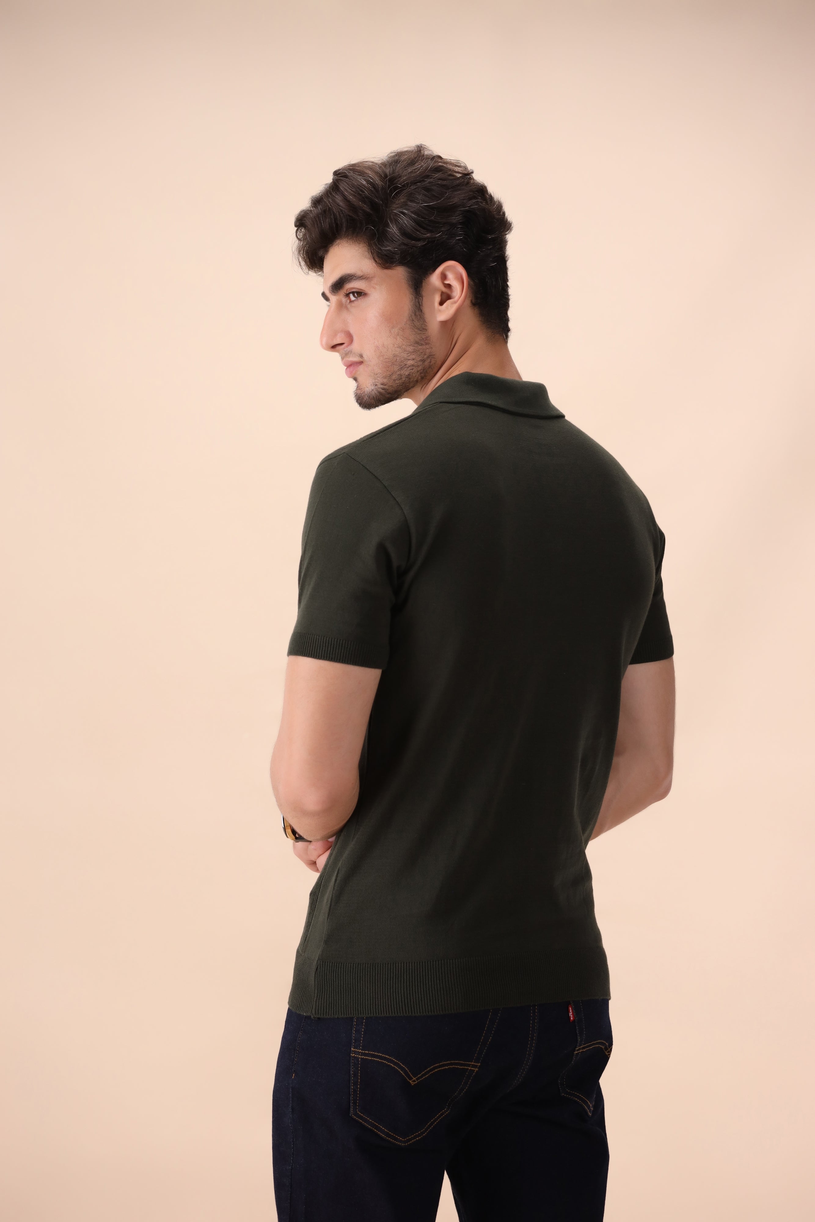 Olive Green Crochet Knit Polo