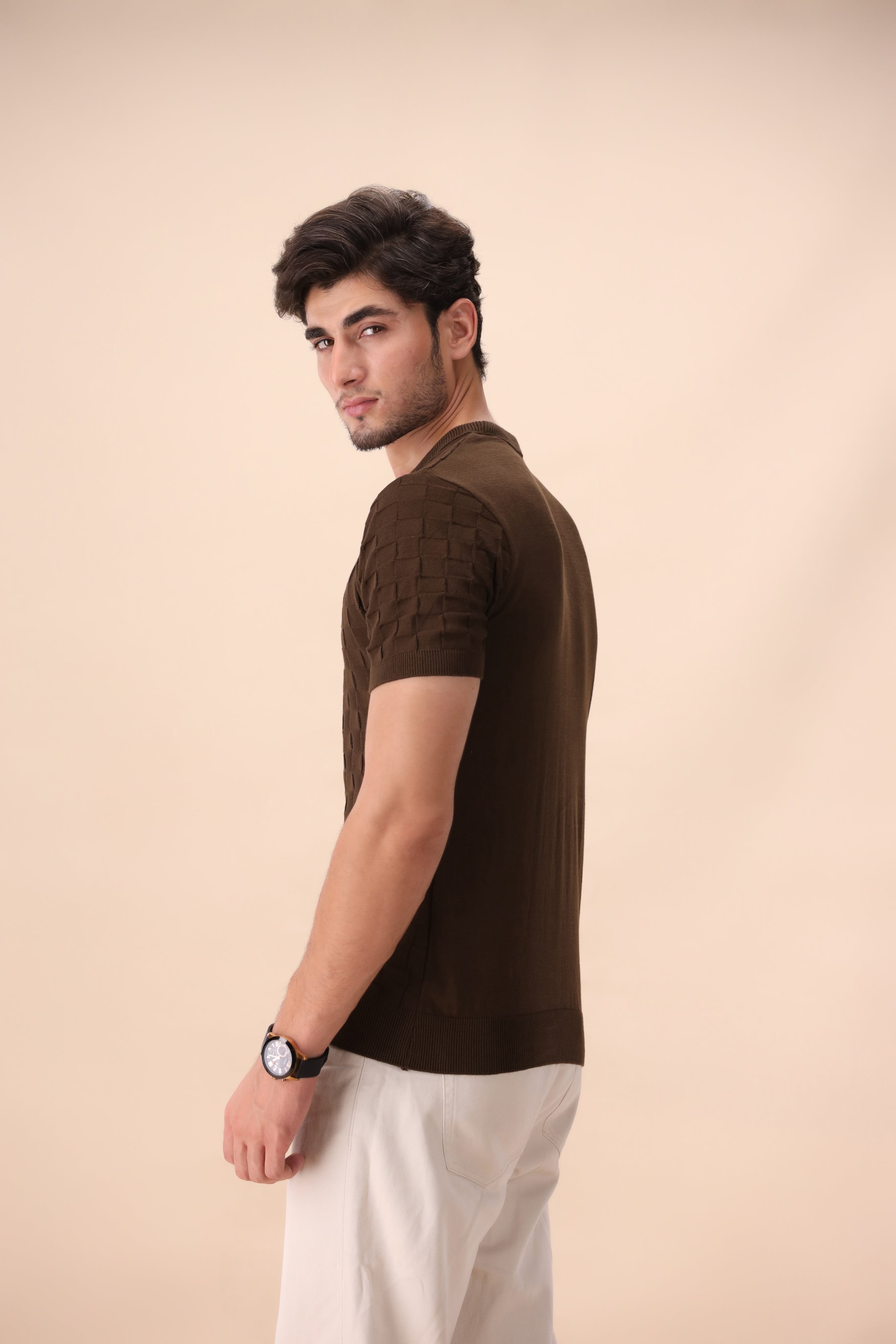Brown Geometric Knit T-Shirt