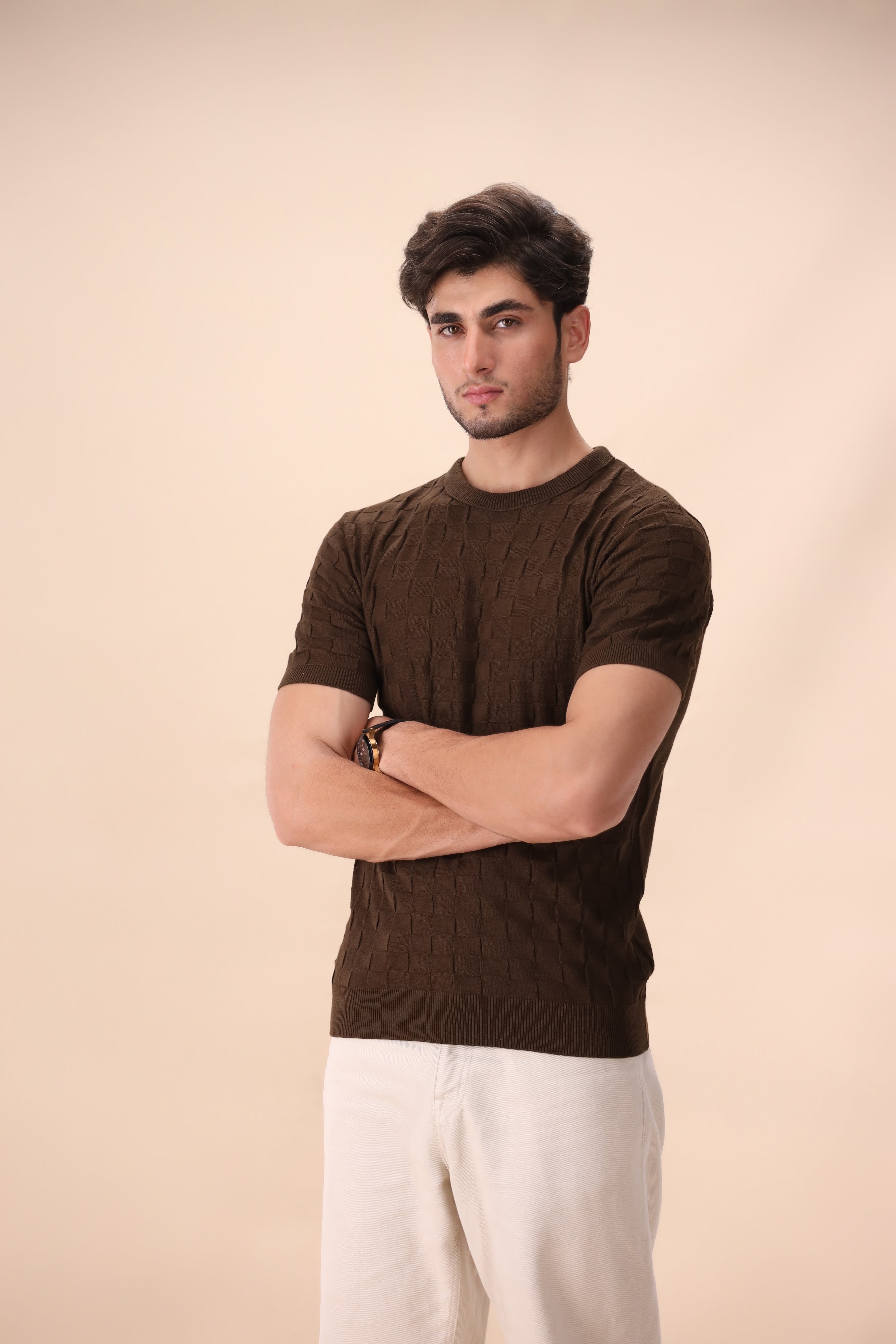 Brown Geometric Knit T-Shirt