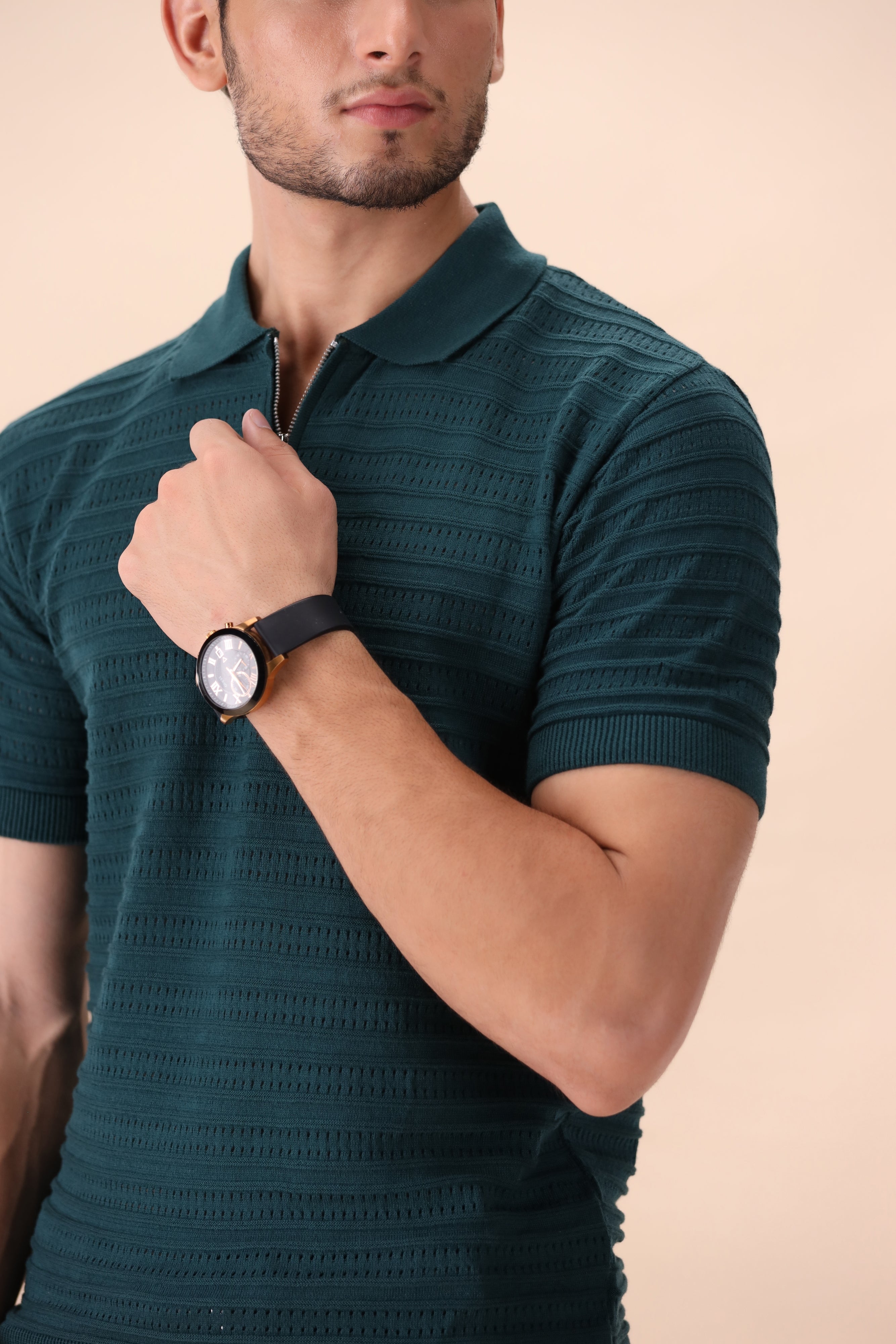 Pine Green Textured Zipper  Polo