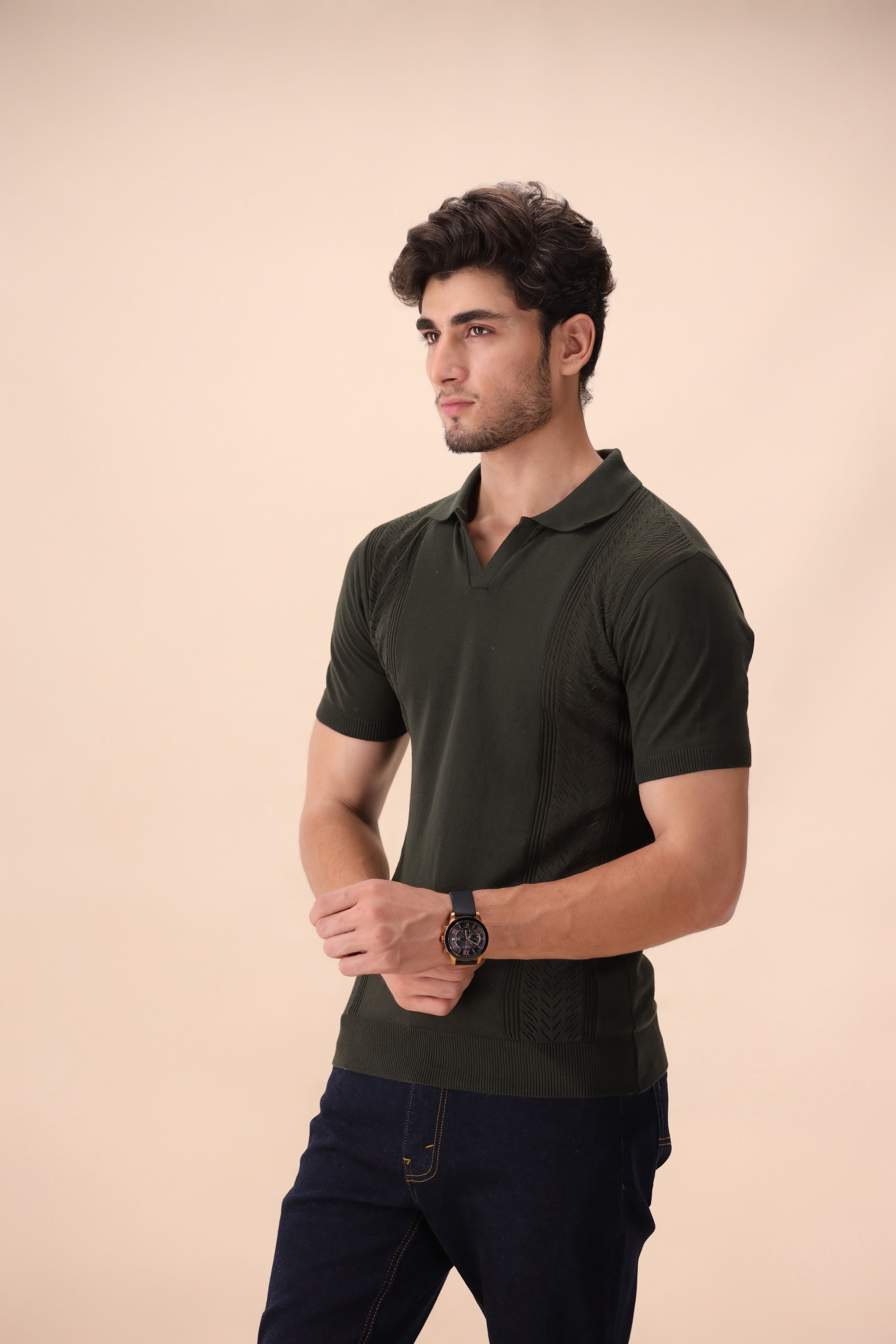Olive Green Crochet Knit Polo