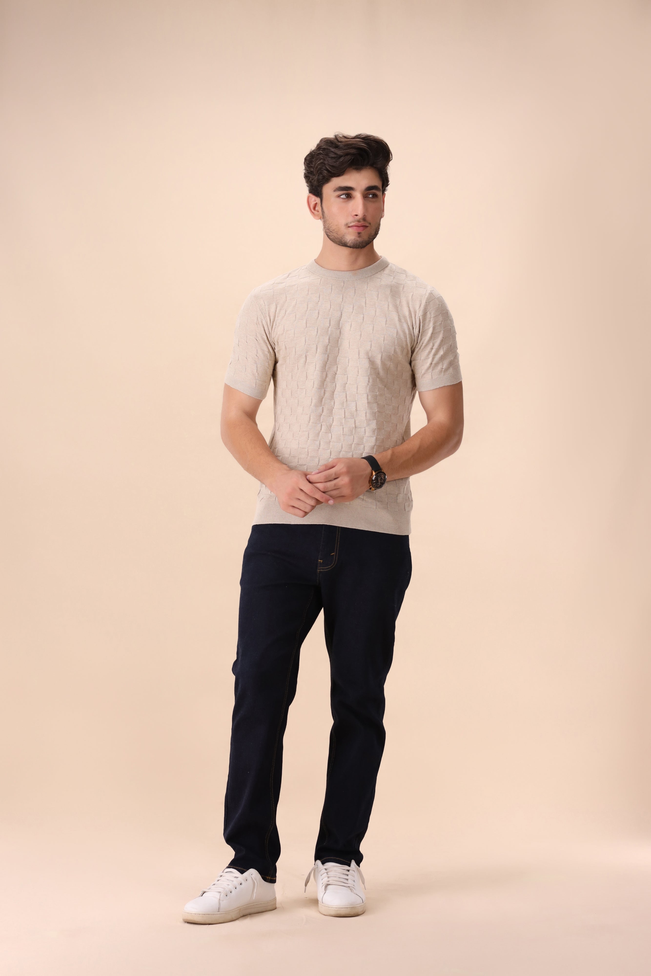 Ecru Geometric Knit T-Shirt