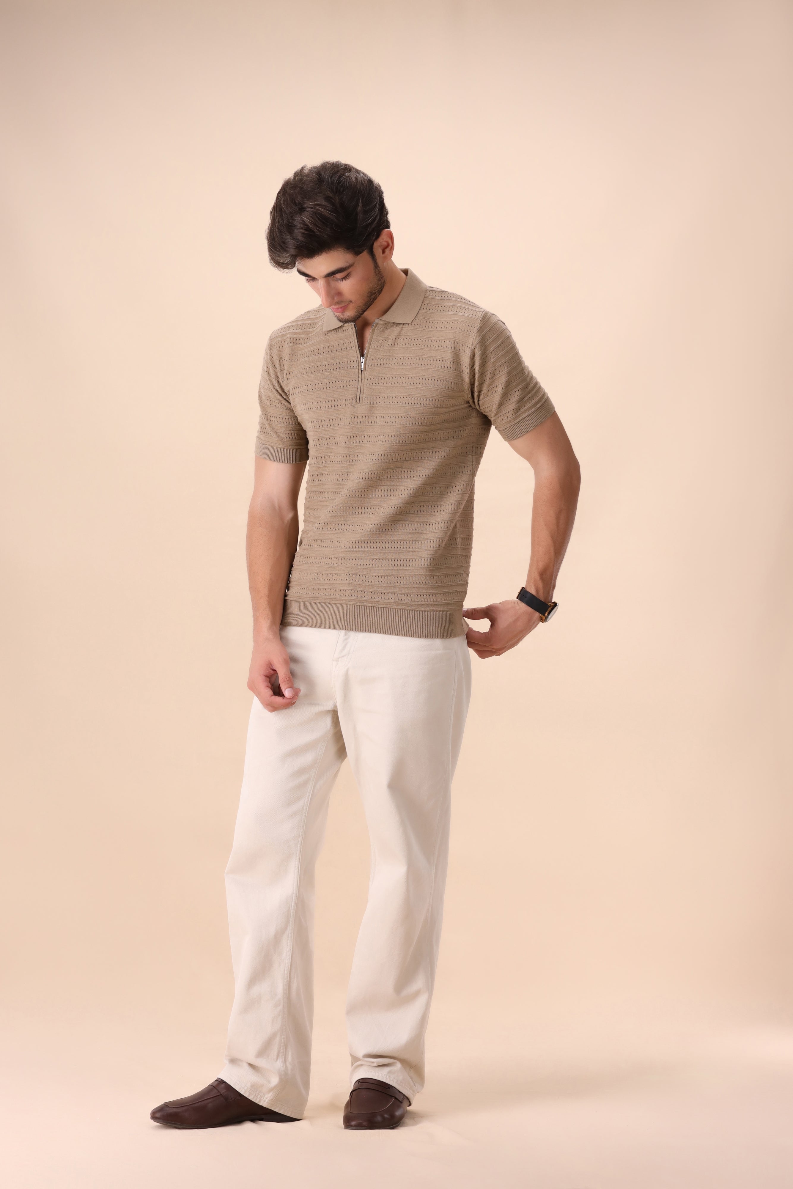 Beige Textured Zipper Polo