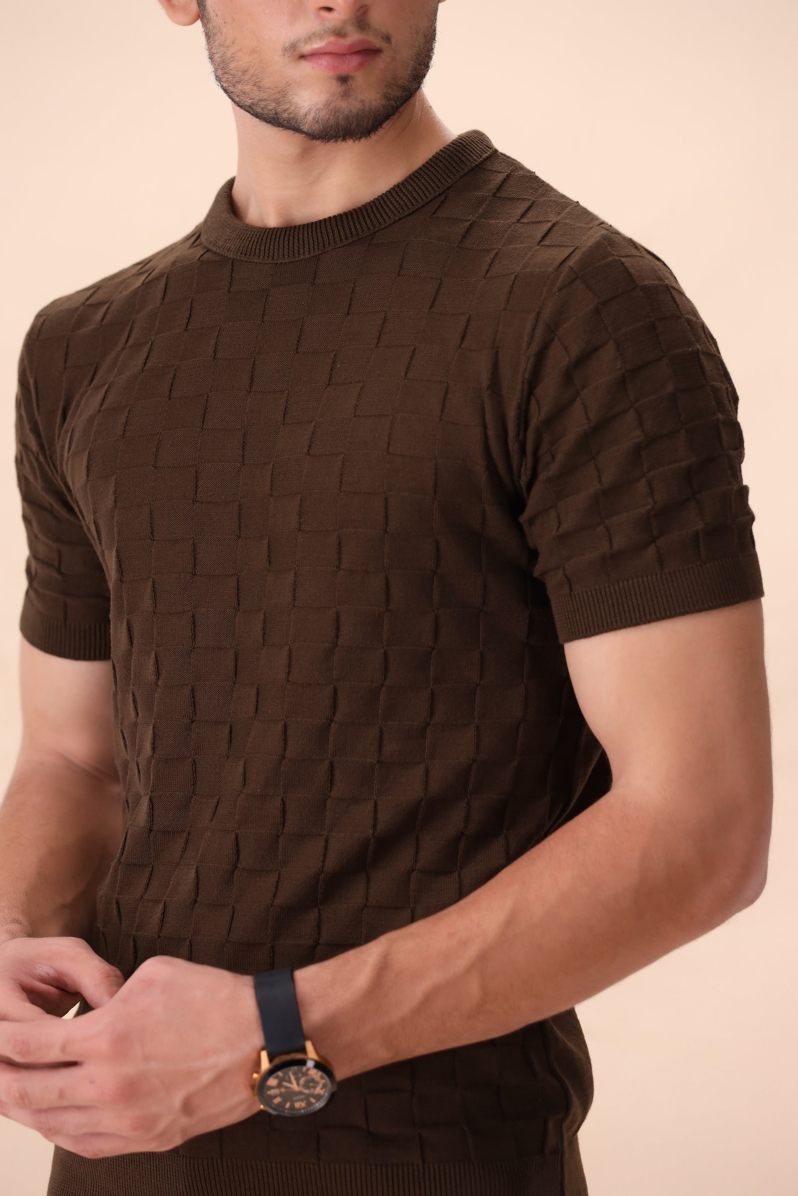 Brown Geometric Knit T-Shirt