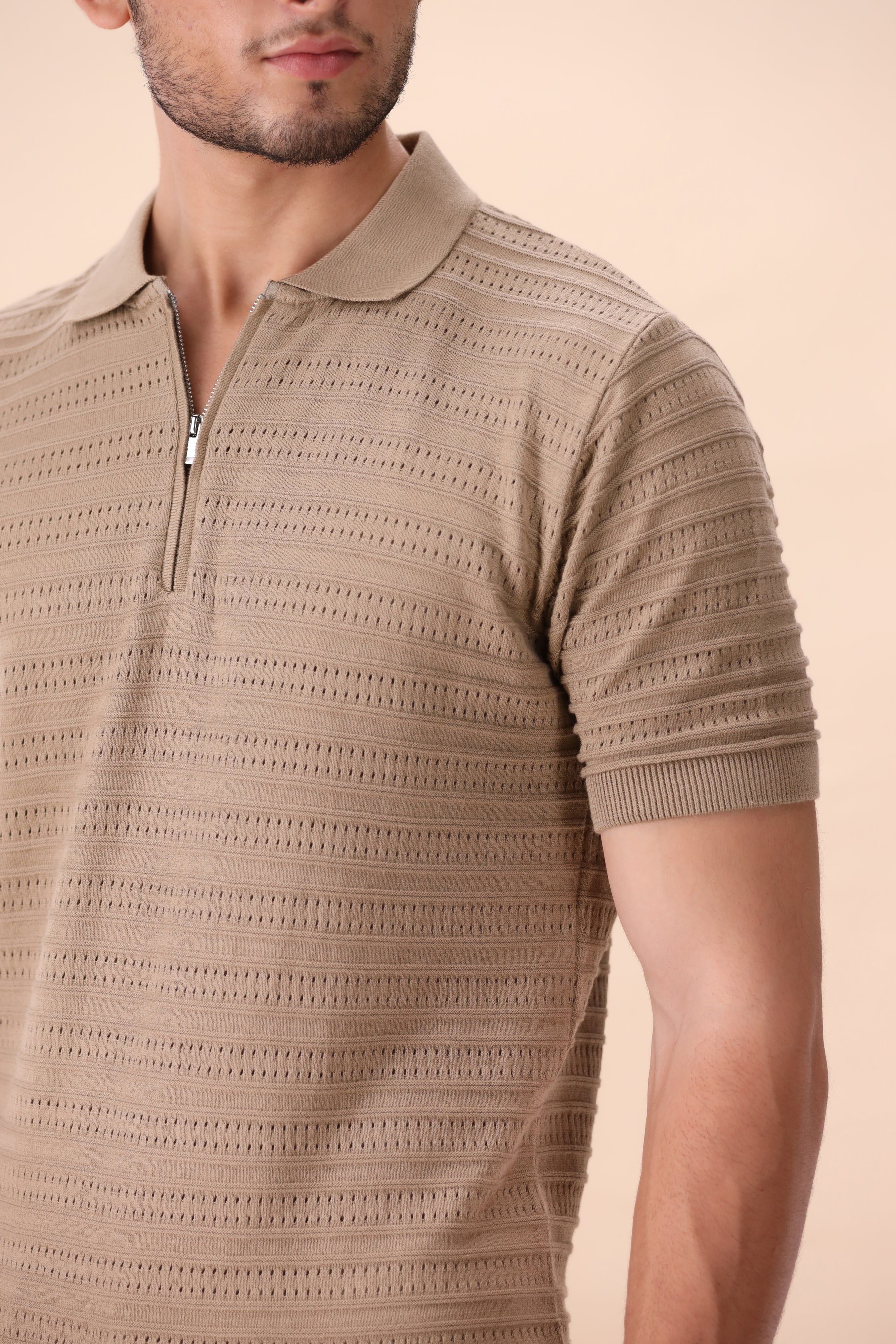 Beige Textured Zipper Polo