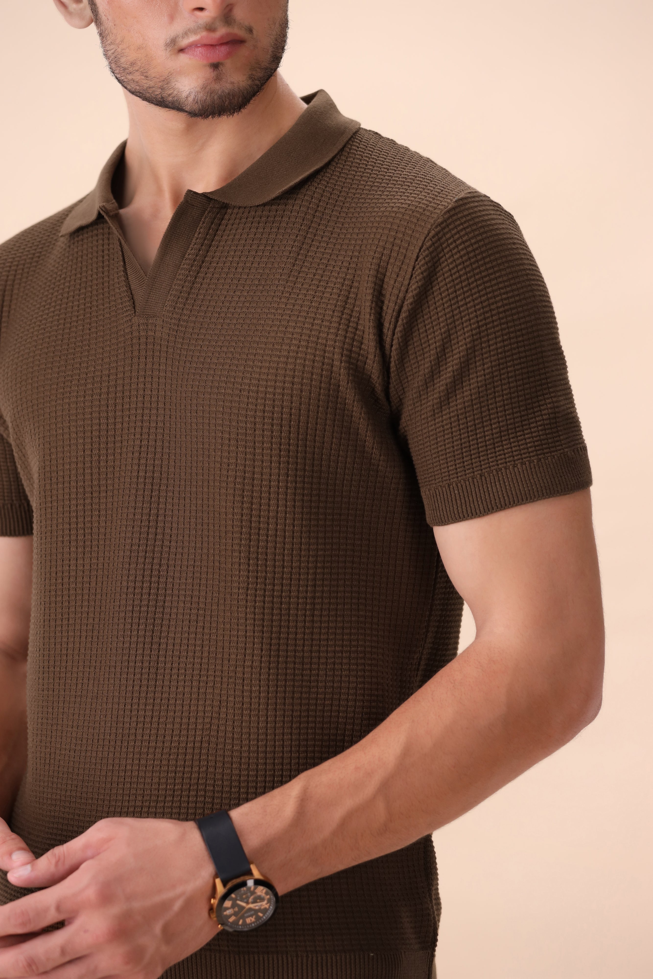Walnut Brown Textured Knit Polo