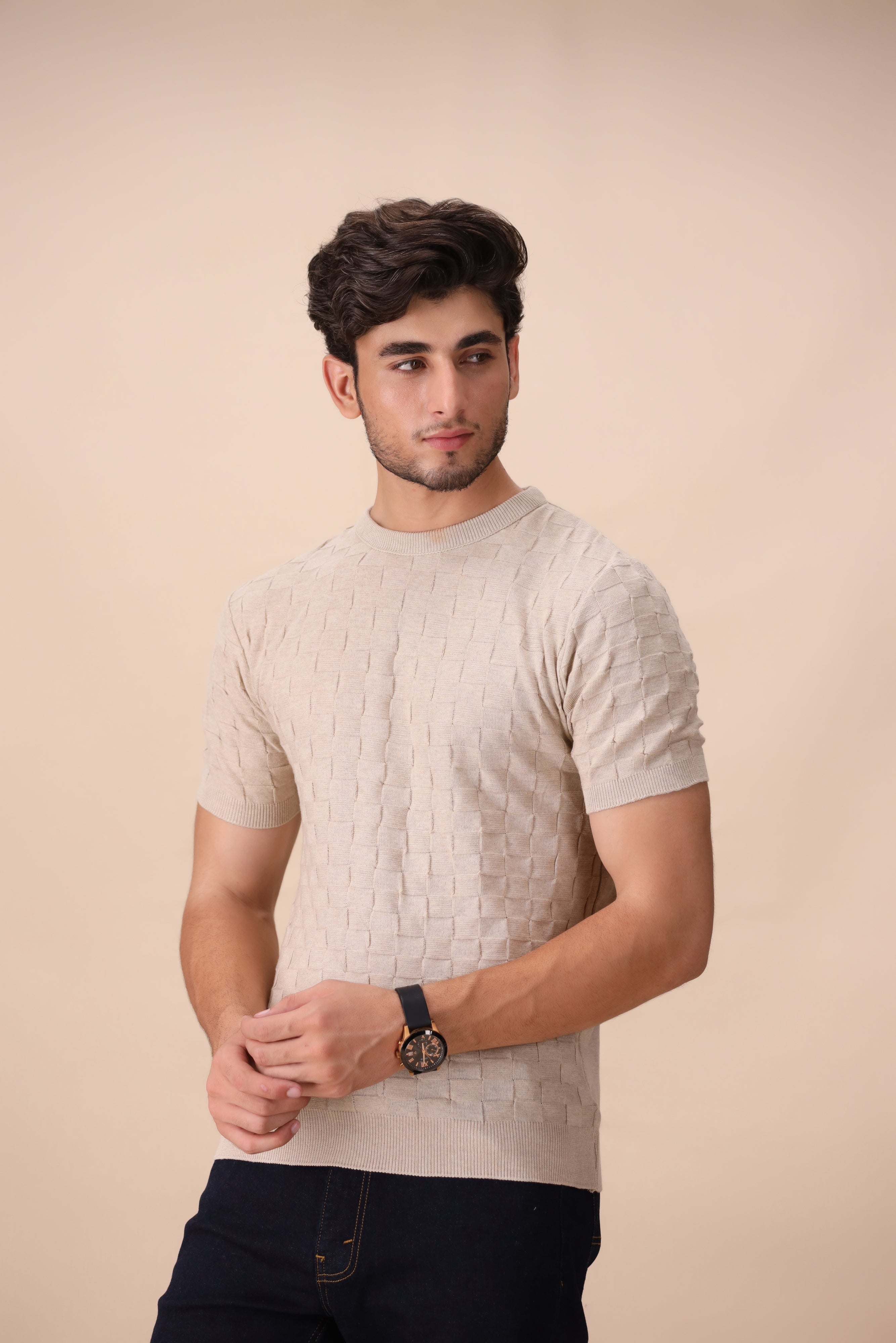 Ecru Geometric Knit T-Shirt