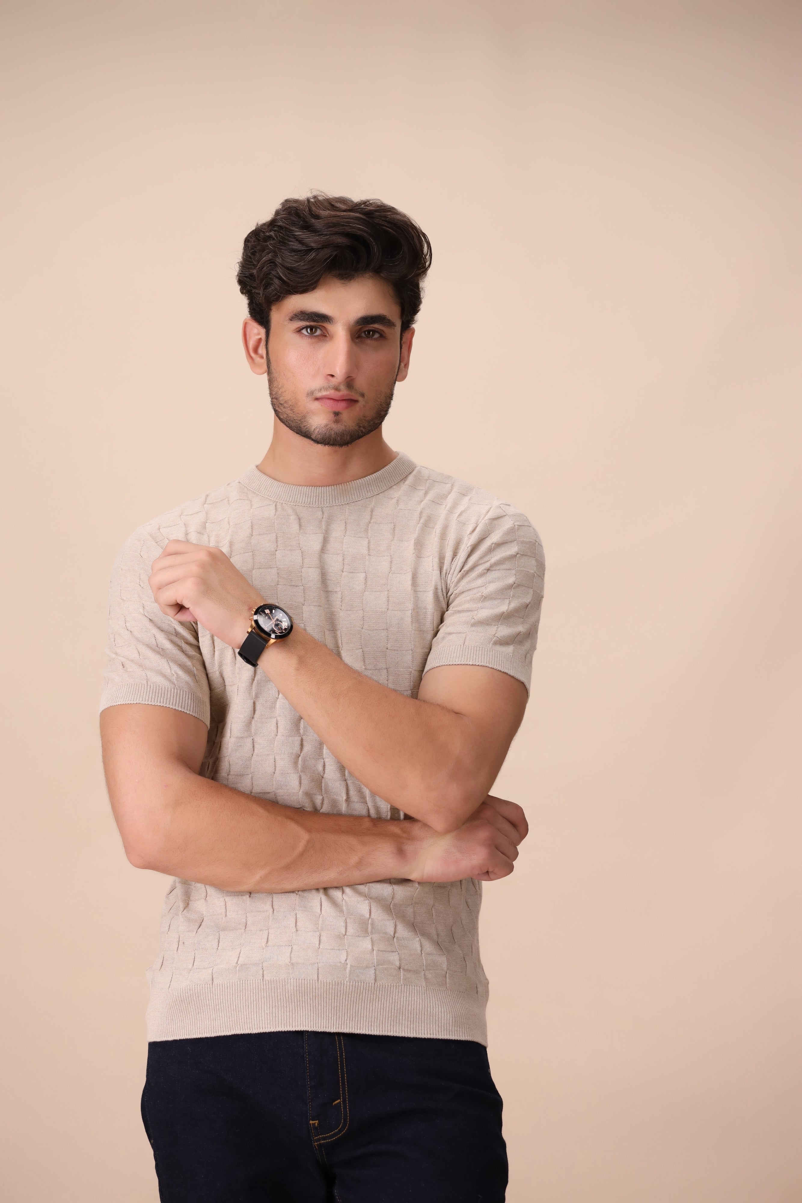 Ecru Geometric Knit T-Shirt