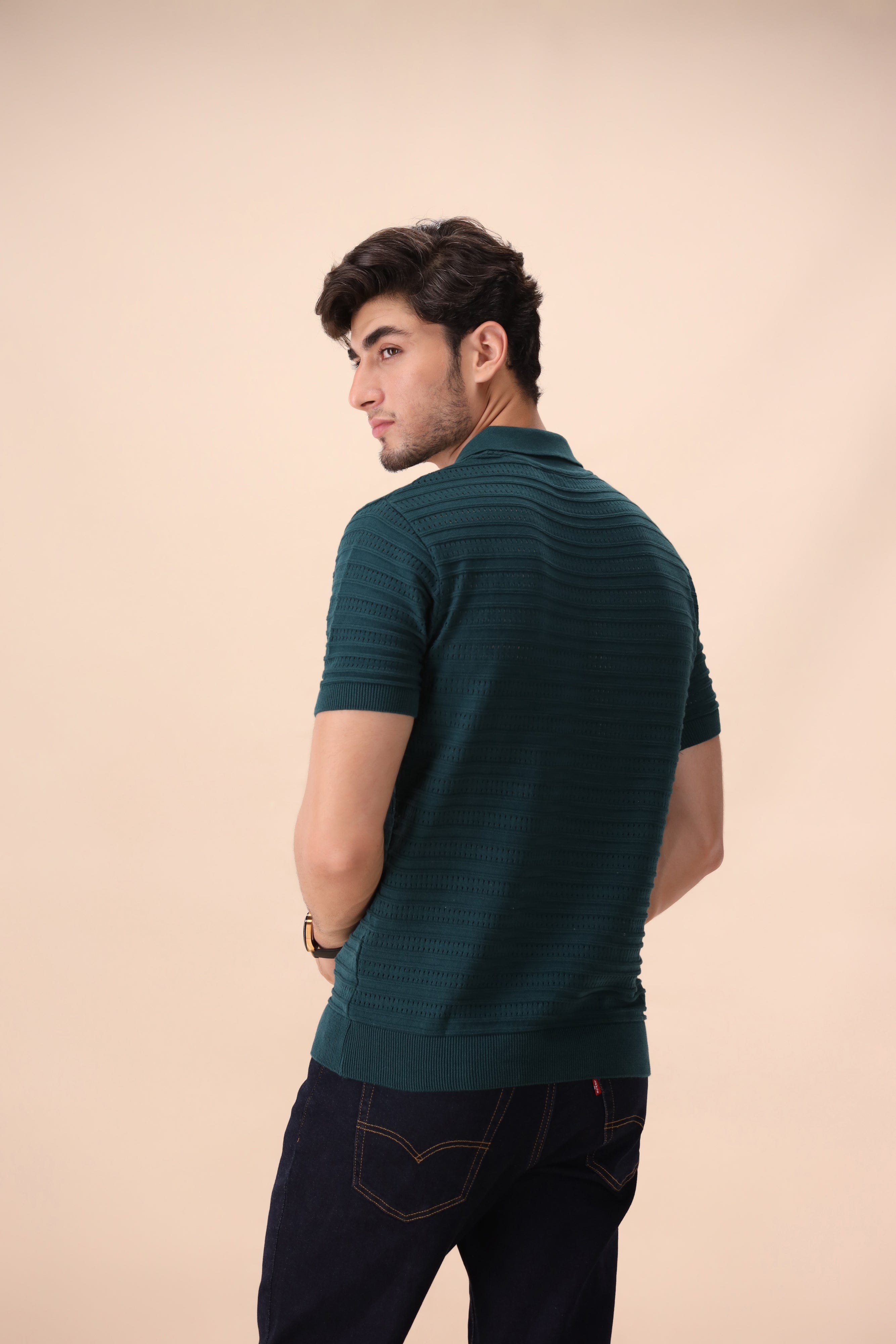 Pine Green Textured Zipper  Polo