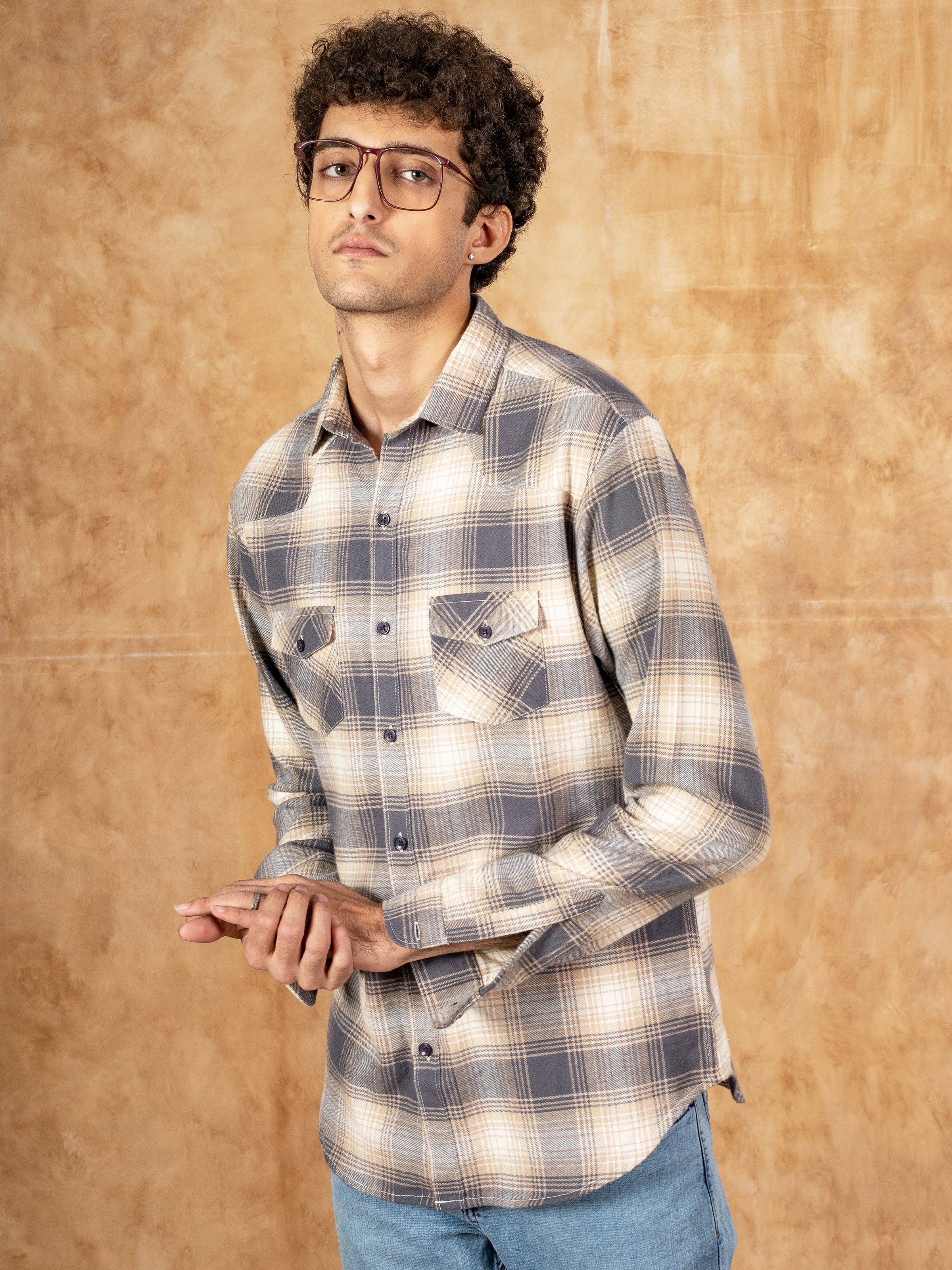 CASUAL SHIRT SLIM FIT GREY/BEIG