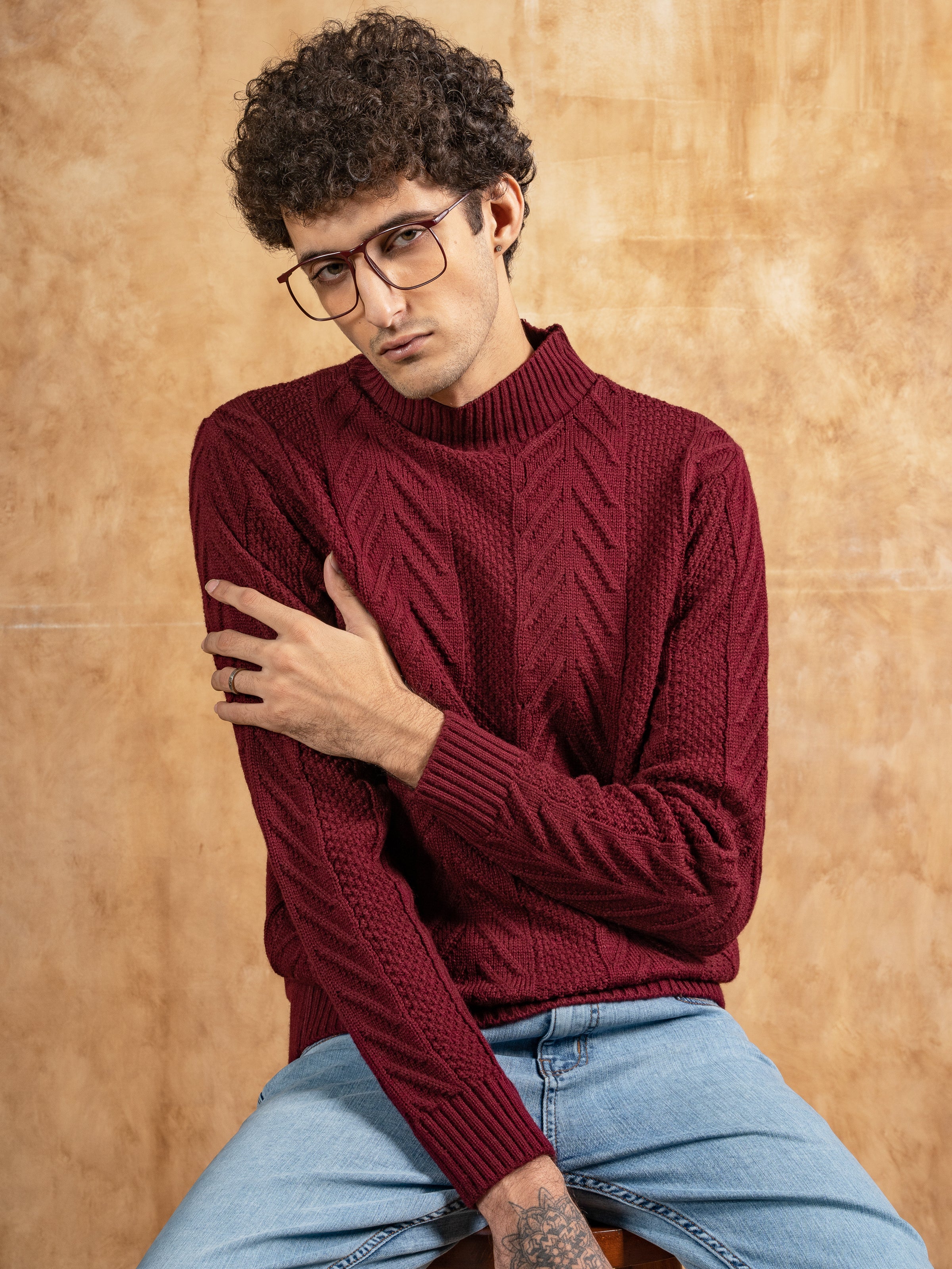 SWEATER MOCK NECK FULL SLEEVES MAROON
