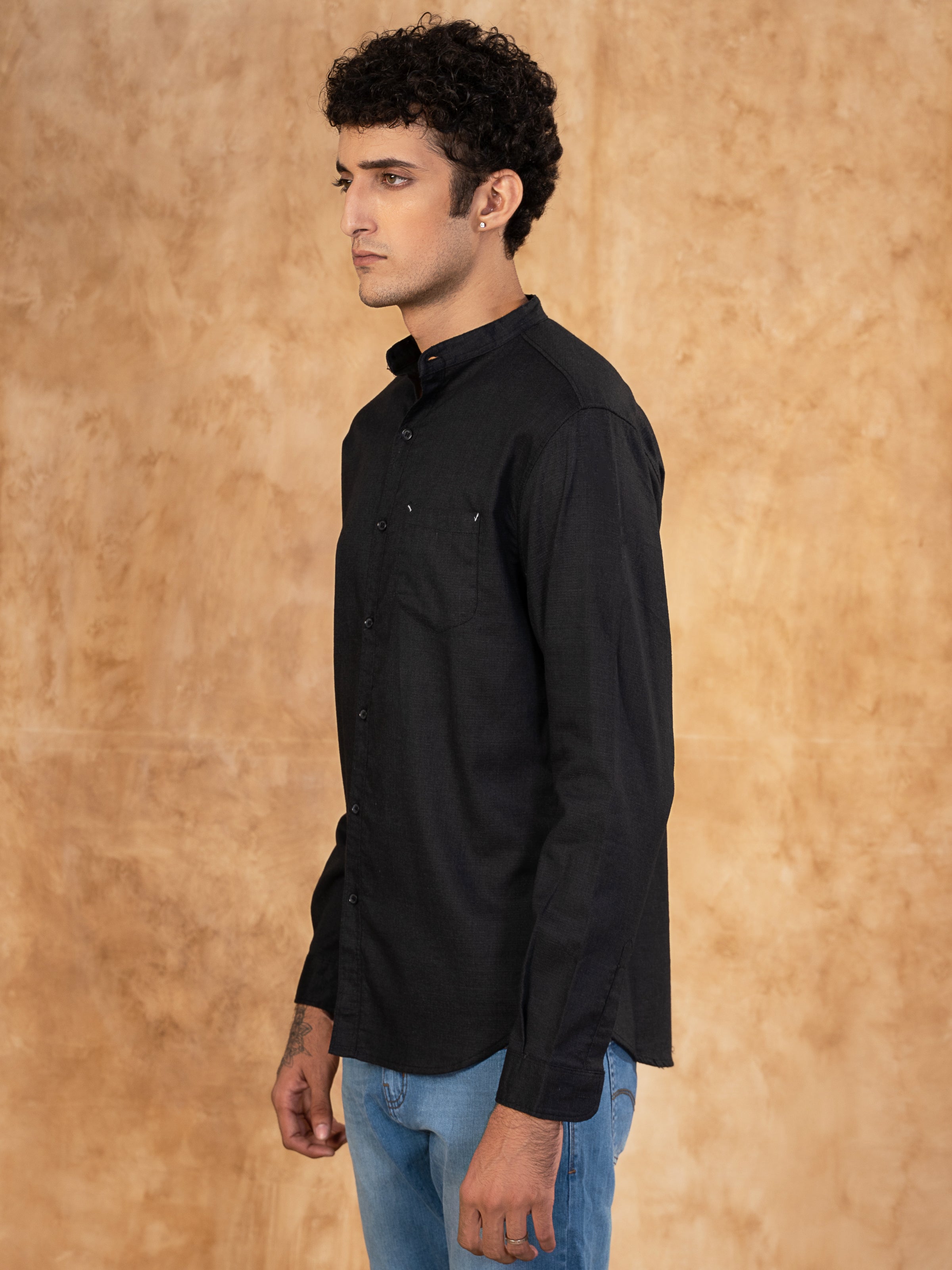 CASUAL SHIRT BAN COLLAR DARK GREY