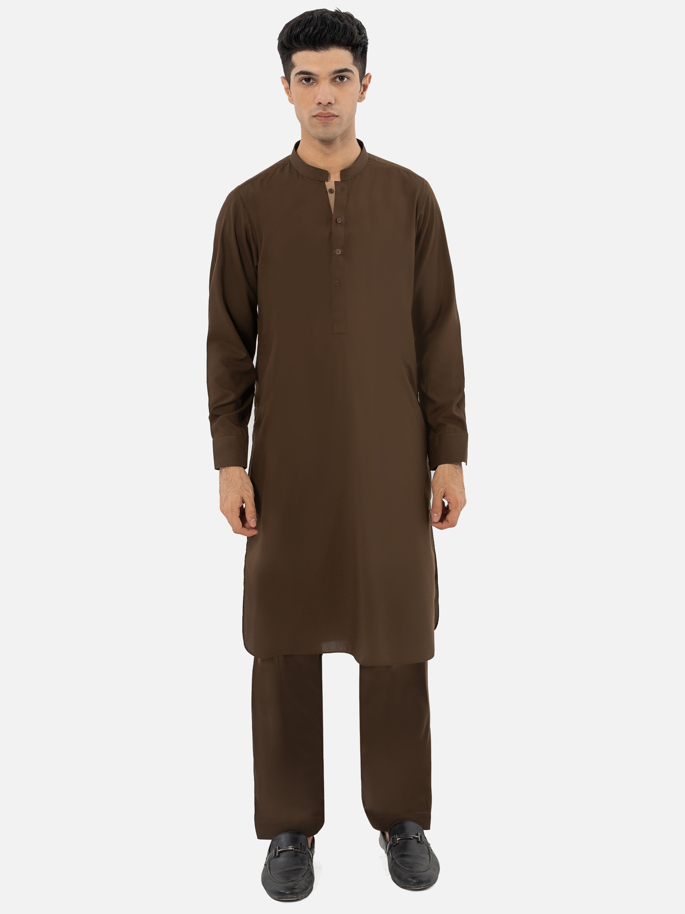 SHALWAR KAMEEZ WITH BAN COLLAR BROWN