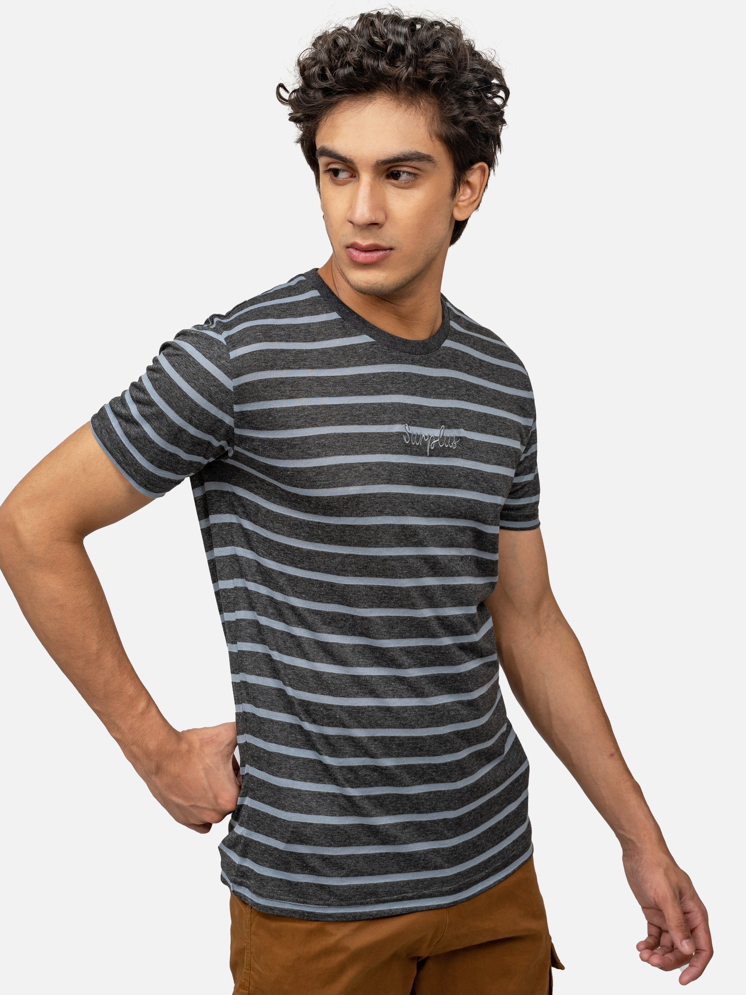 T SHIRT YARN DYED ROUND NECK CHARCOAL