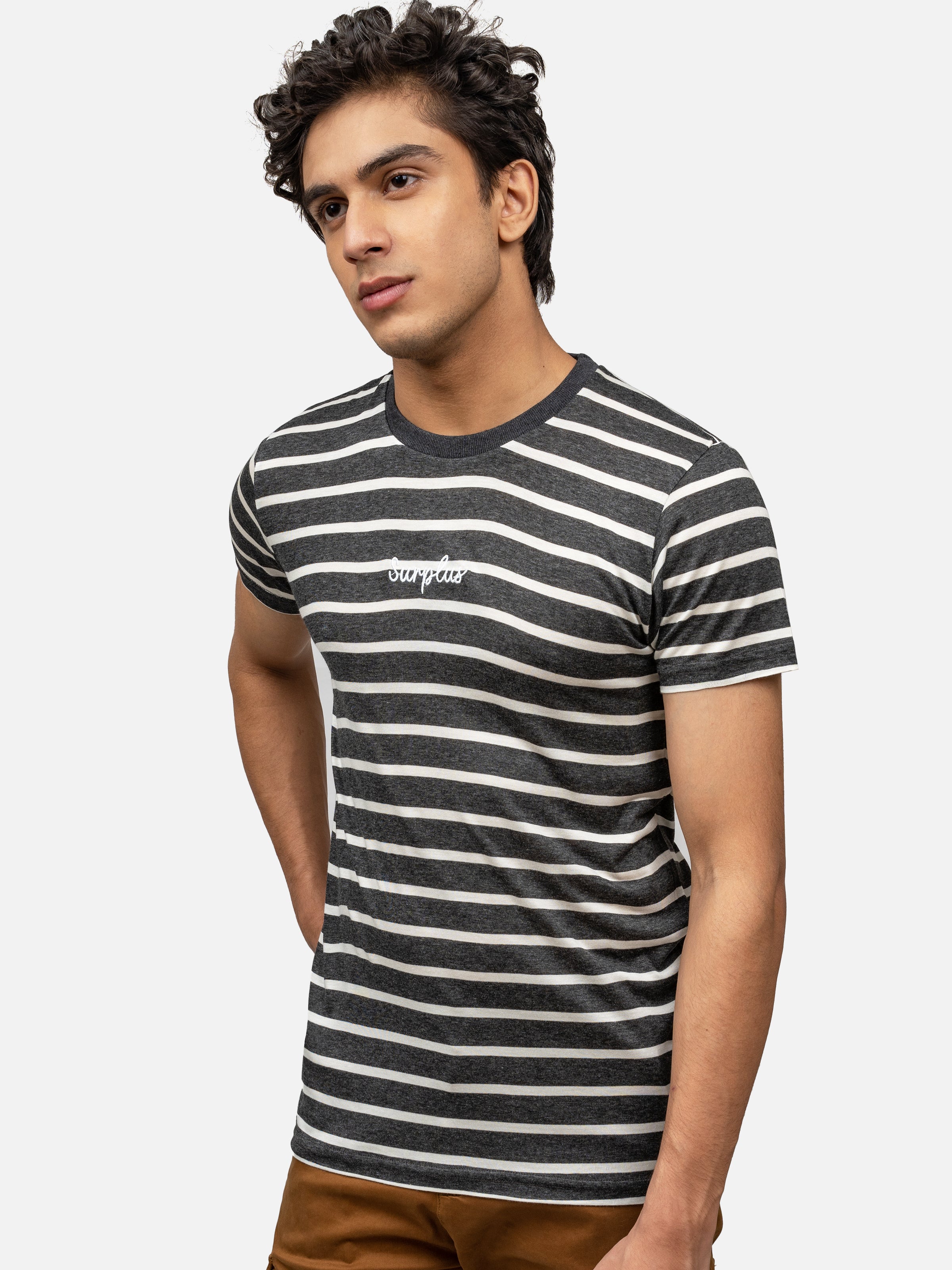 T SHIRT YARN DYED ROUND NECK CHARCOAL WHITE