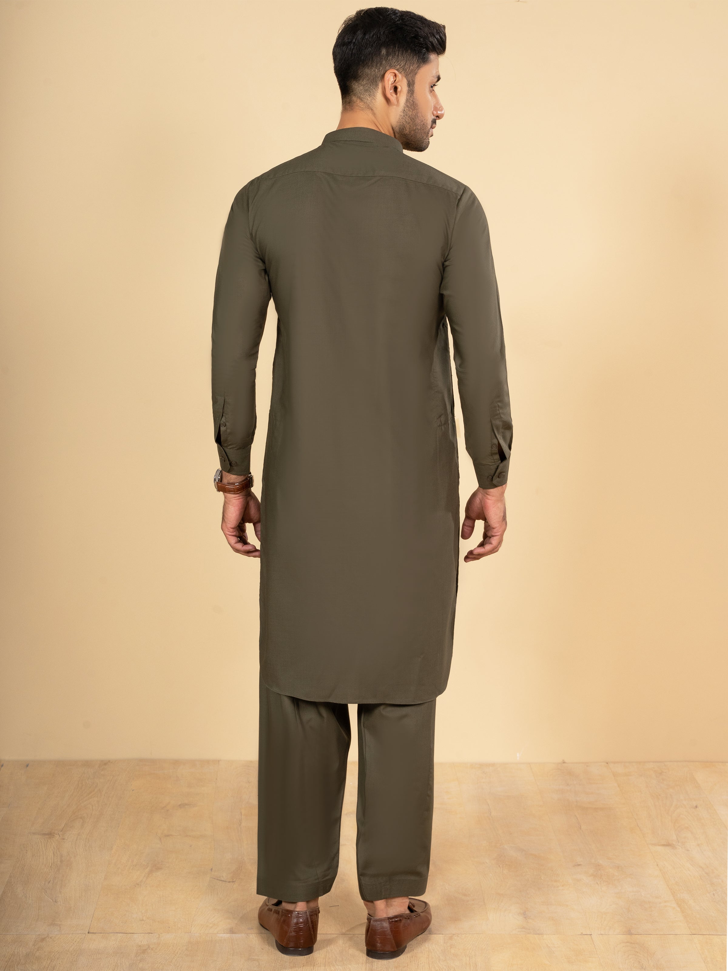 SHALWAR KAMEEZ BAN COLLAR OLIVE