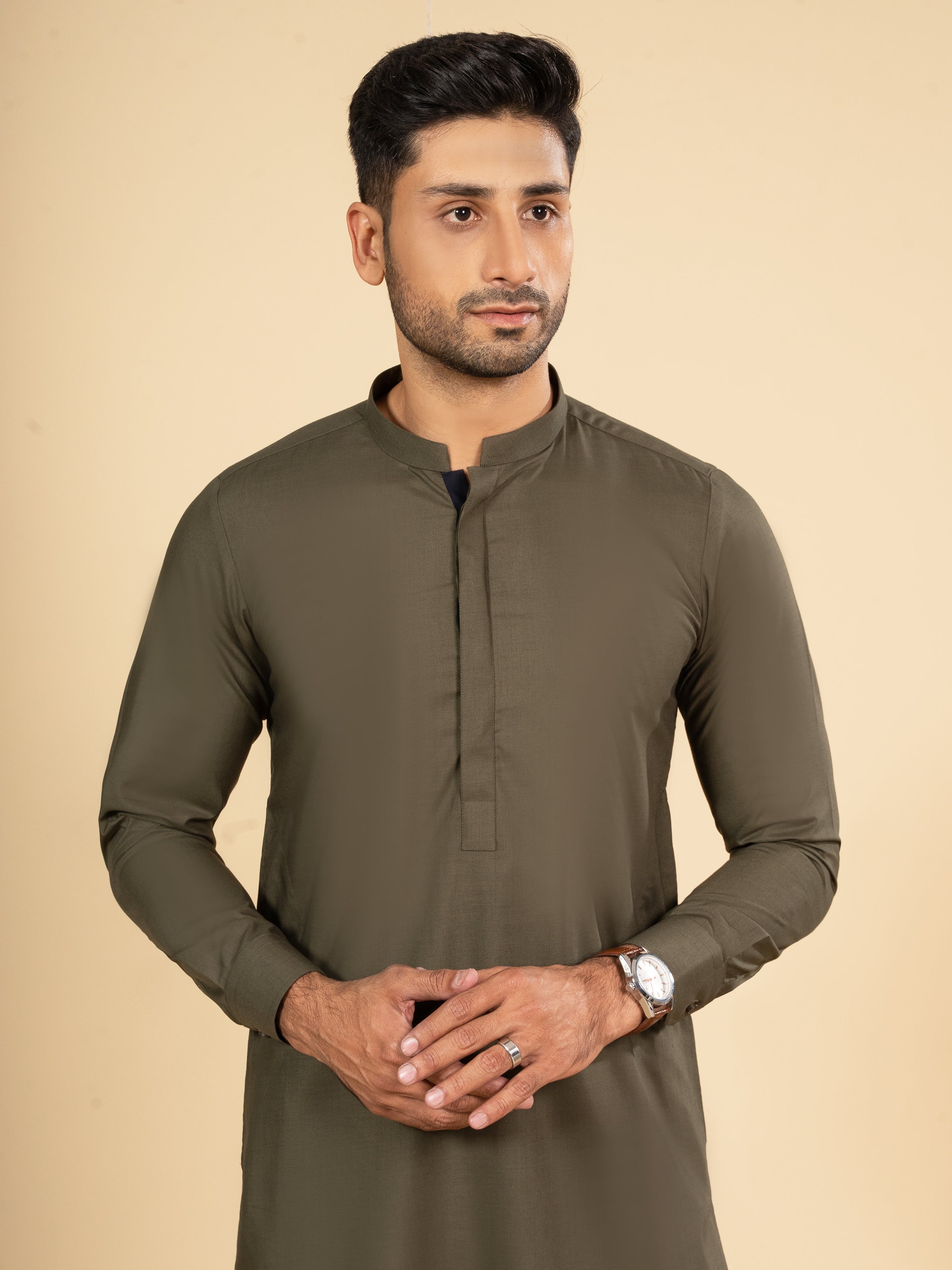 SHALWAR KAMEEZ BAN COLLAR OLIVE
